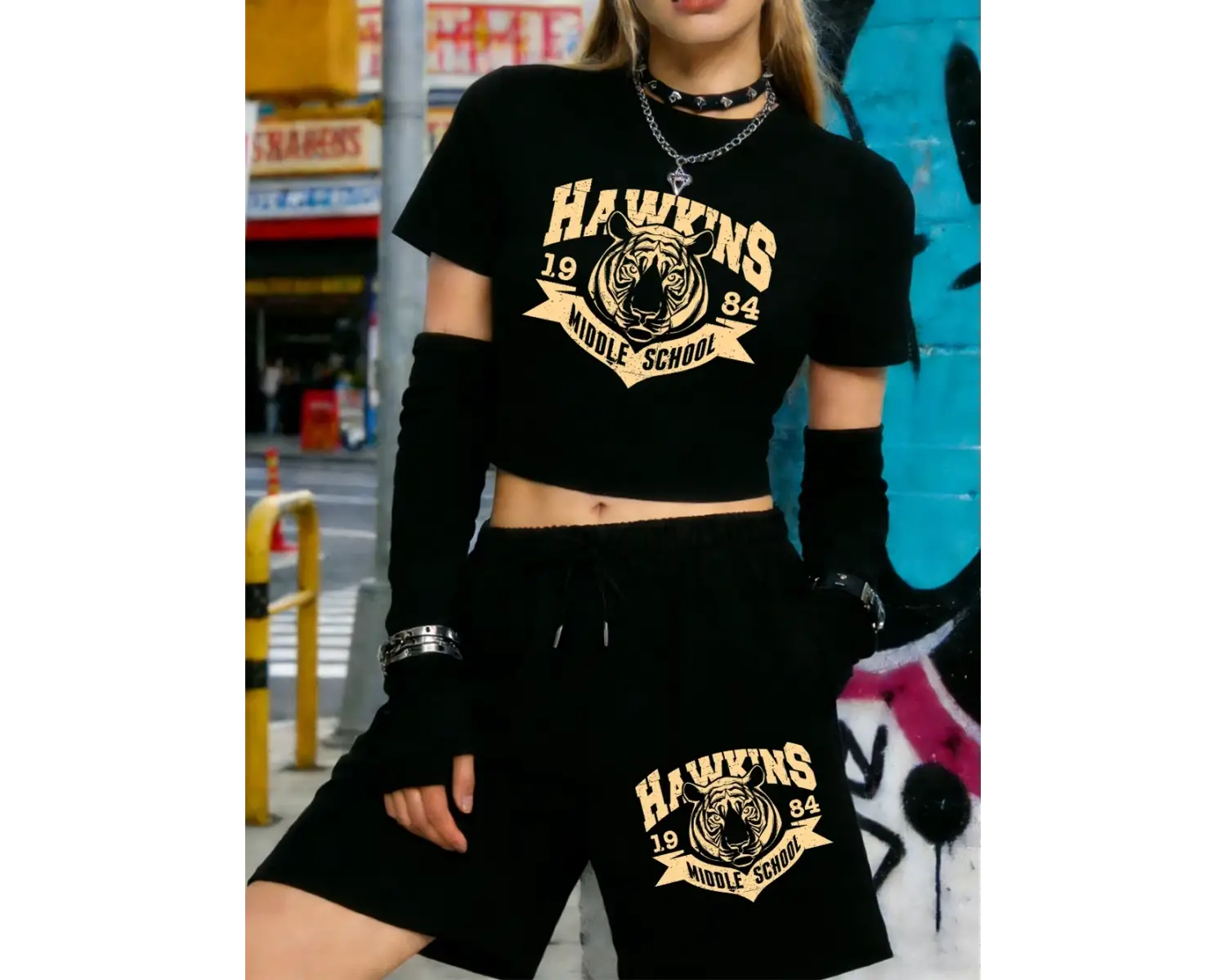 Yaz Hawkins Ortaokulu 1983 Baskılı Babby TeeTişörtler Şortlar Kadın İki Parçalı Set Beş Nokta Pan