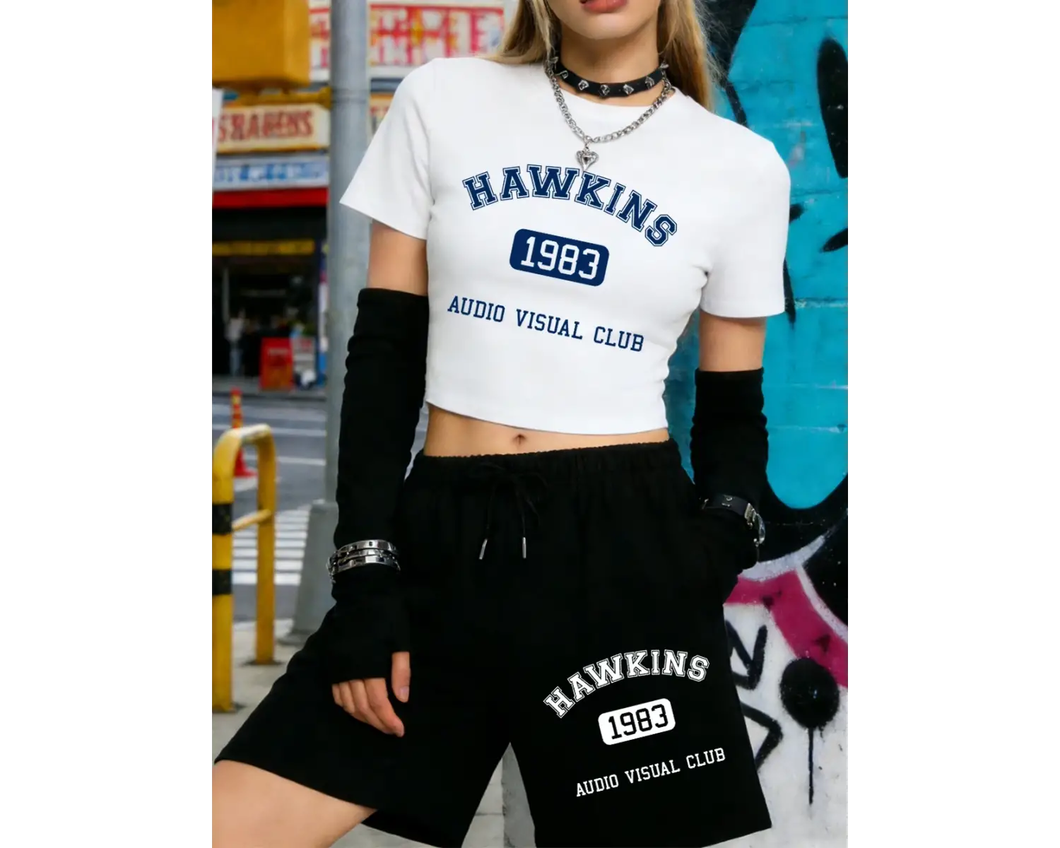 Yaz Hawkins Ses Görüntü Kulübü Baskılı Babby TeeTişört Şort Kadın İki Parça Takım Beş Cepli Panto