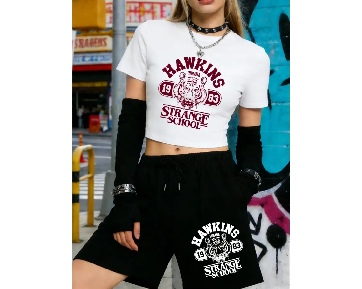 Yaz Hawkins Strange School 1983 Baskı Babby TeeT-Shirt Şort Kadın İki Parçalı Set Diz Boyu Pantol