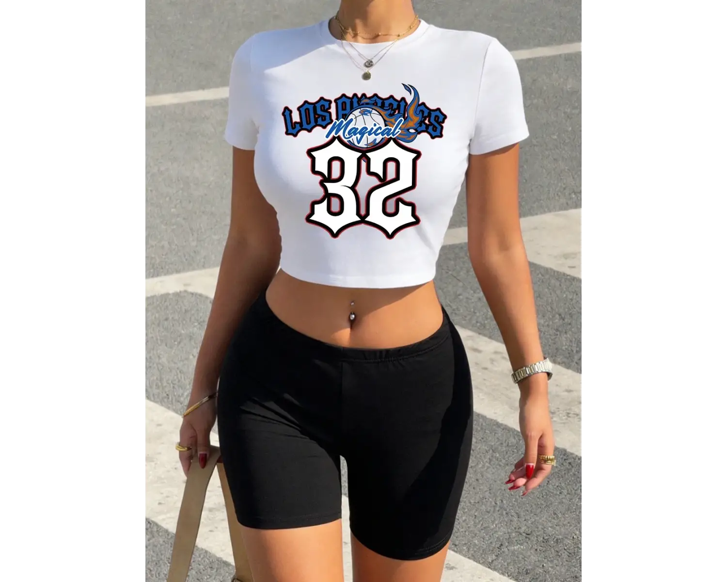 Yaz Los Angeles Büyülü 32 Baskılar Kırpma T-Shirt Şort Kadın İki Parçalı Set Üstleri Pantolon