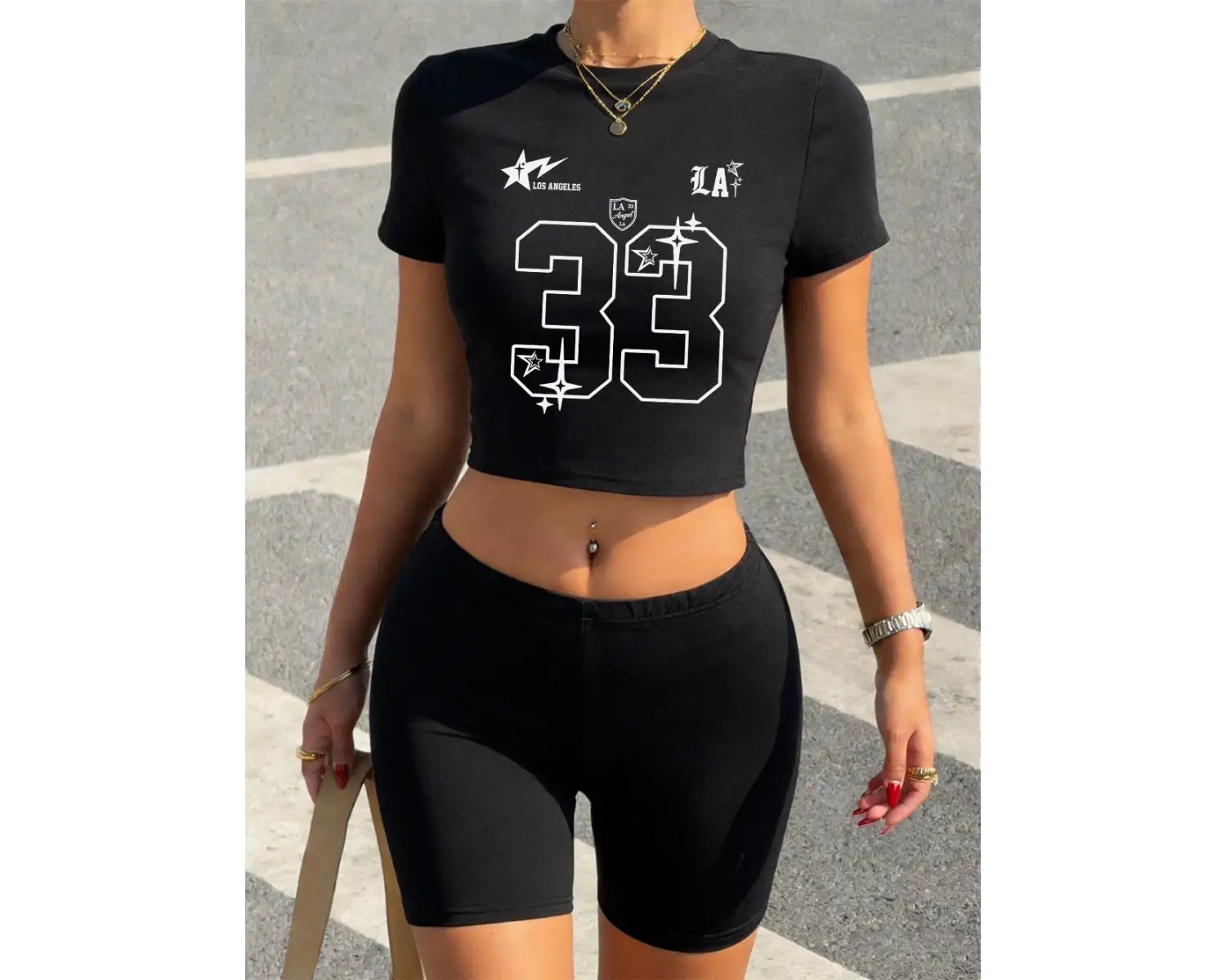 Yaz Los Angeles Numarası 33 Baskılı Babby TeeT-Shirt Şort Kadın İki Parçalı Set Üstleri Pantolon