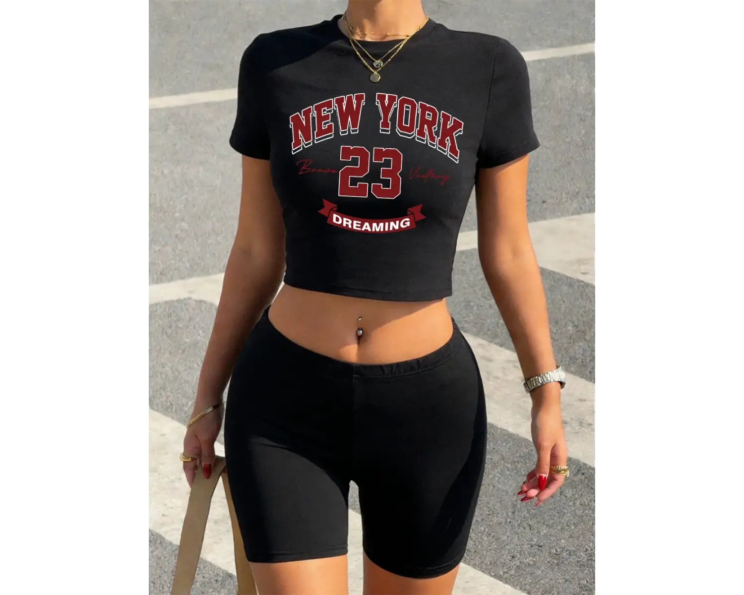 Yaz New York Dreaming 23 Baskılı Babby TeeT-Shirt Şort Kadın İki Parçalı Set Üstleri Pantolon İnc