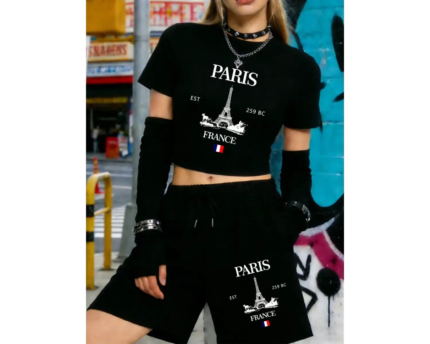 Yaz Paris Fransa Eyfel Kulesi Baskılar Kırpma Üstleri Şort Kadın İki Parçalı Set Beş Nokta Pa