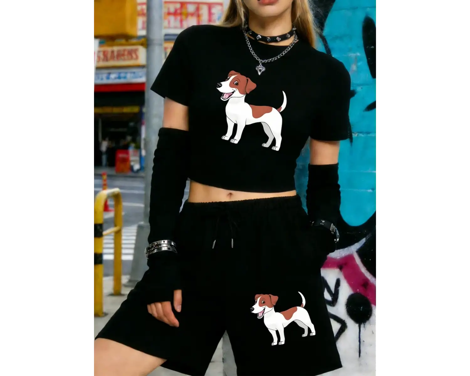 Yaz Russell Terrier Köpek Baskılı Babby TeeT-Shirt Şort Kadın İki Parçalı Set Diz Boyu Pantolon İ