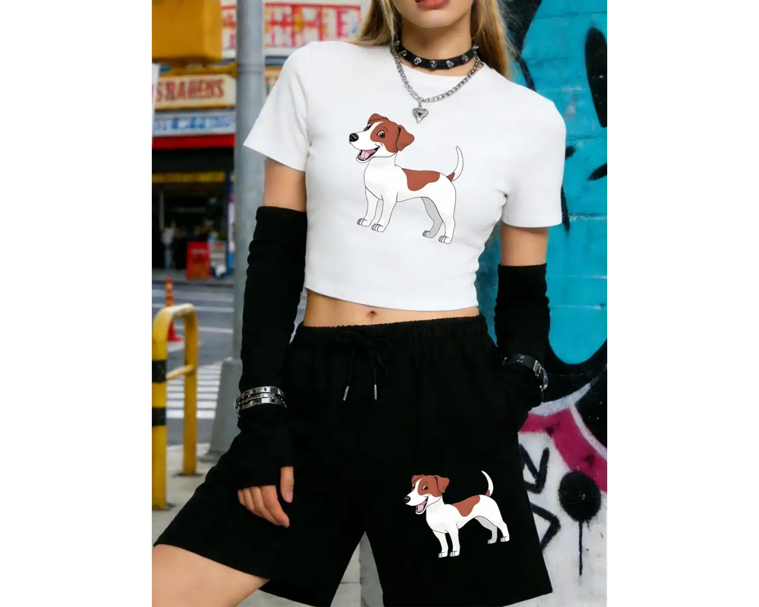 Yaz Russell Terrier Köpek Baskılı Babby TeeT-Shirt Şort Kadın İki Parçalı Set Diz Boyu Pantolon İ
