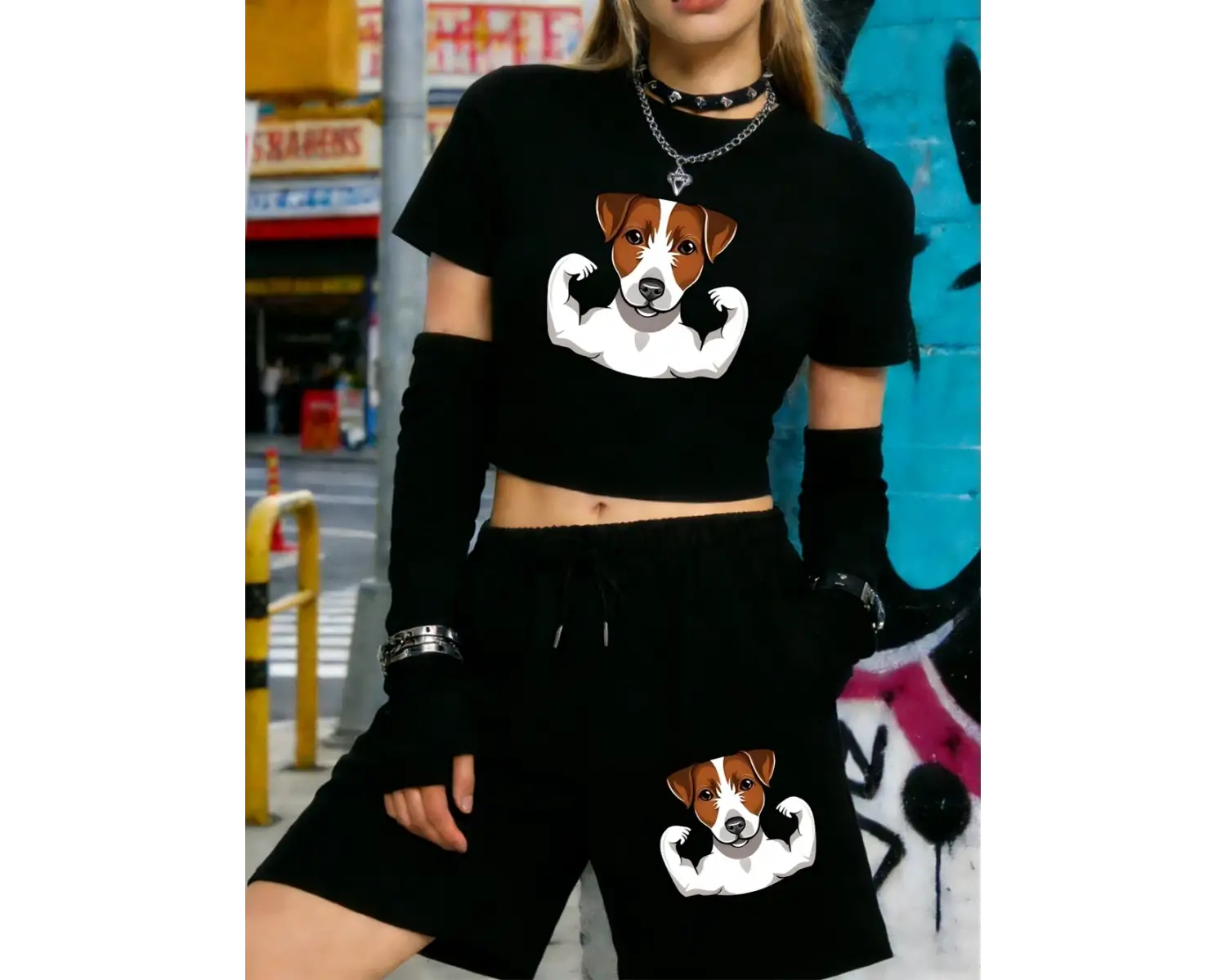 Yaz Russell Terrier Köpek Baskılı Kırpma Üstleri Şort Kadın İki Parçalı Set Beş Nokta Pantolo