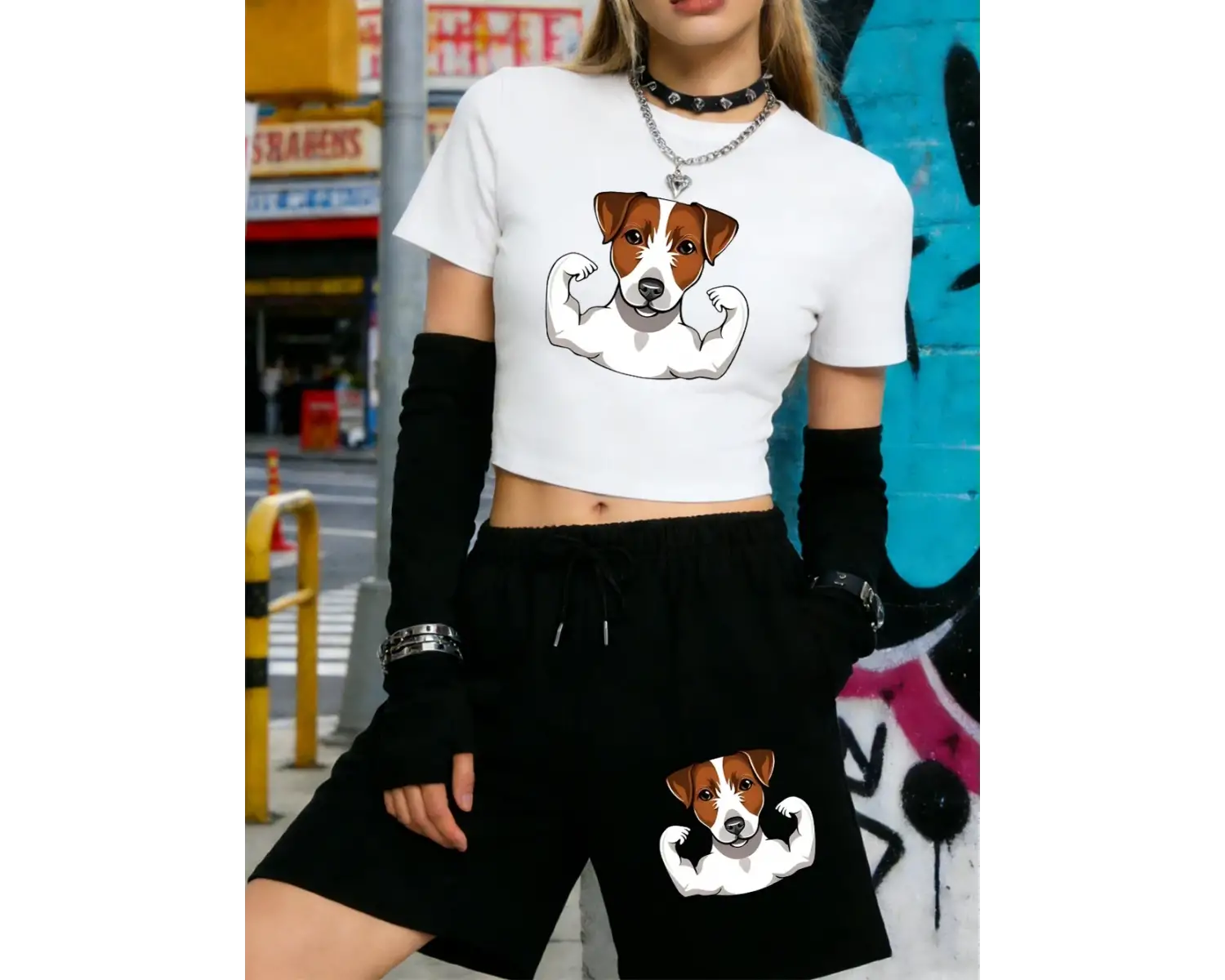 Yaz Russell Terrier Köpek Baskılı Kırpma Üstleri Şort Kadın İki Parçalı Set Beş Nokta Pantolo