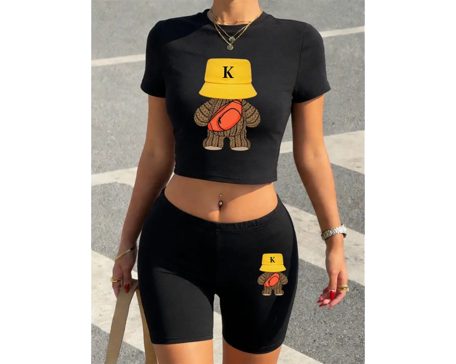 Yaz Spor Yünlü Ayı Baskılar Kırpma T-Shirt Şort Kadın Seksi İki Parçalı Set Üstleri Pantolon