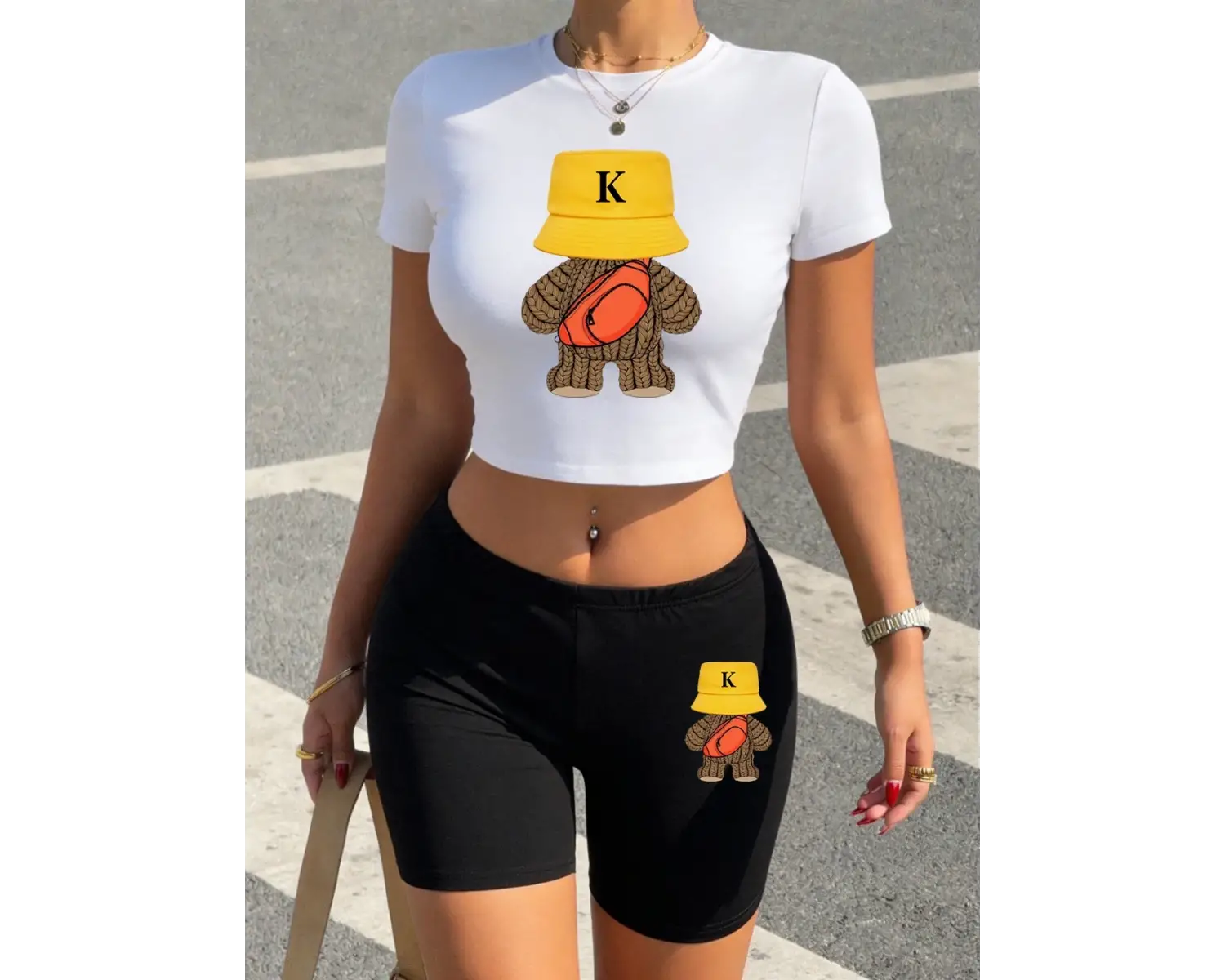 Yaz Spor Yünlü Ayı Baskılar Kırpma T-Shirt Şort Kadın Seksi İki Parçalı Set Üstleri Pantolon