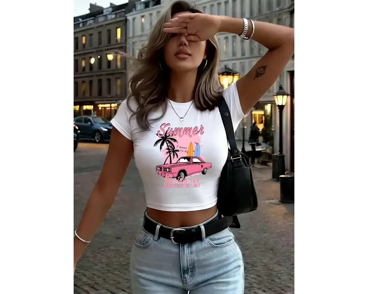 Yaz Yarış Arabası Baskı Bayan Babby Tees Y2K Sportif O-Boyun Yumuşak Sokak Şıklığı Seksi İnce