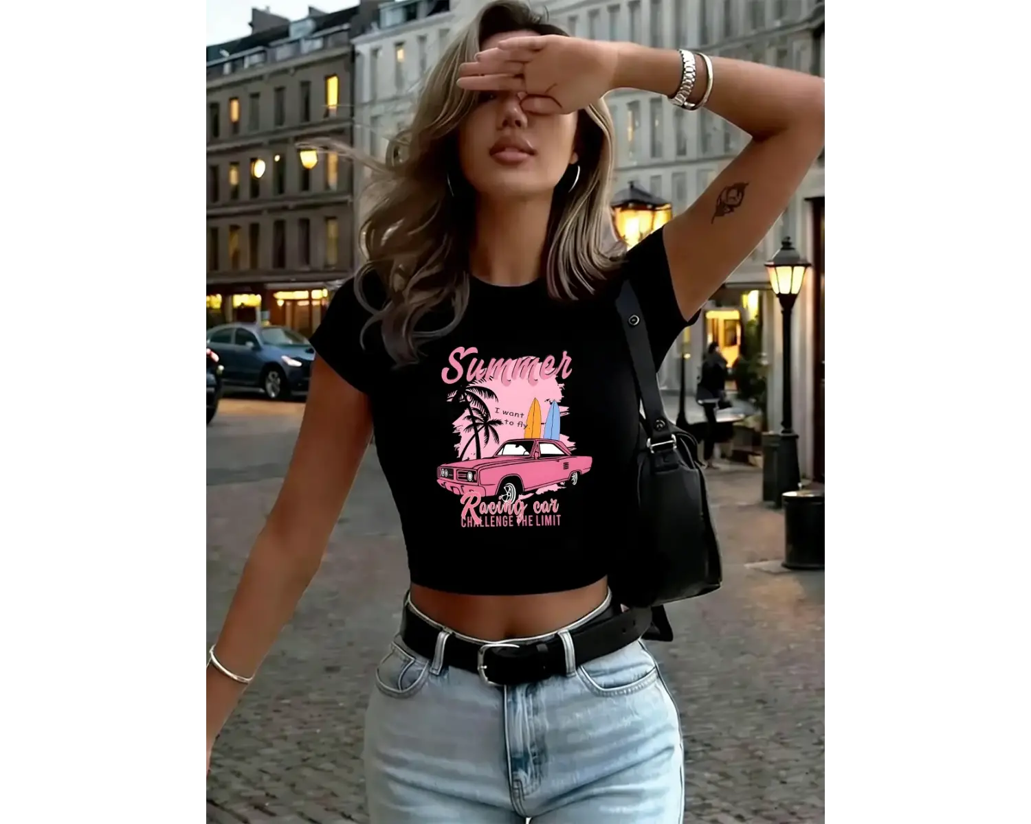 Yaz Yarış Arabası Baskı Bayan Babby Tees Y2K Sportif O-Boyun Yumuşak Sokak Şıklığı Seksi İnce