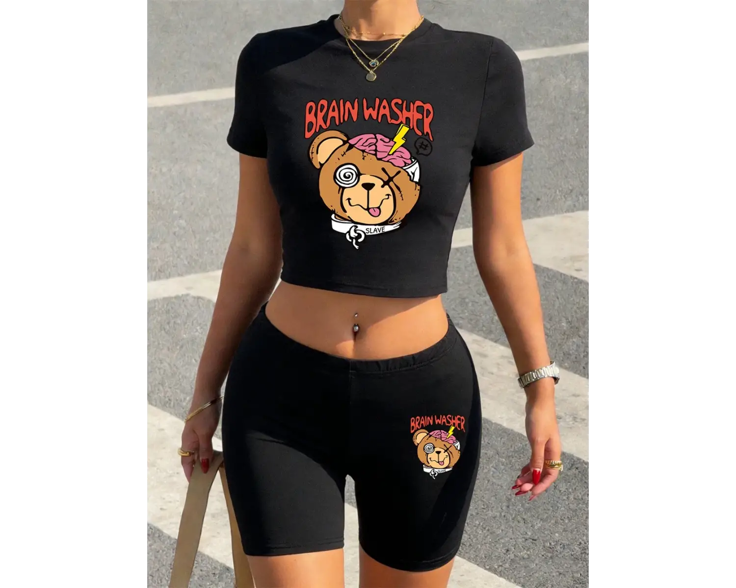 Yazlık Beyin Temizleyici Yaratıcı Ayı Baskılı Babby TeeTişört ve Şort Kadın İki Parçalı Takım Üst