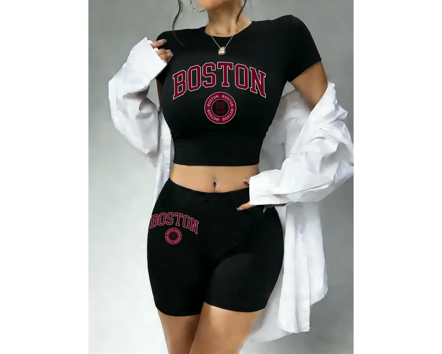 Yazlık Boston City Us 1630 Baskılı Babby TeeTişört Şort Kadın İki Parça Takım Üst Pantolon Dar Ke