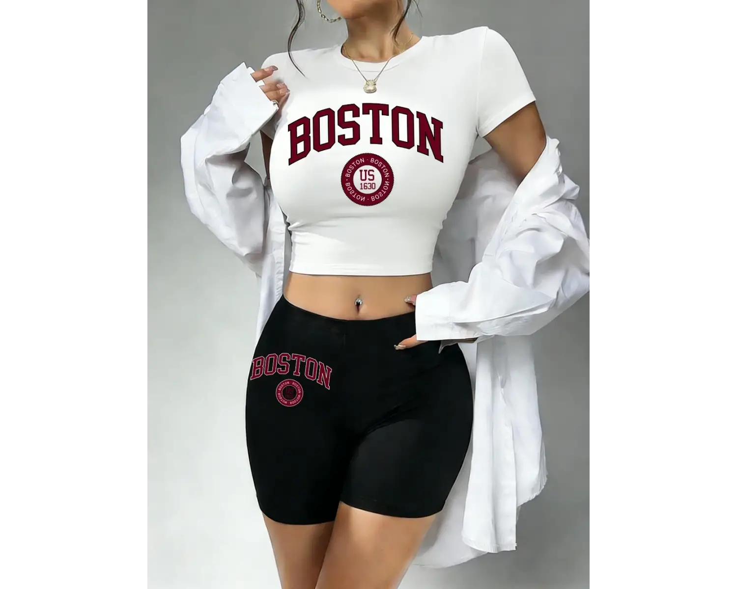 Yazlık Boston City Us 1630 Baskılı Babby TeeTişört Şort Kadın İki Parça Takım Üst Pantolon Dar Ke