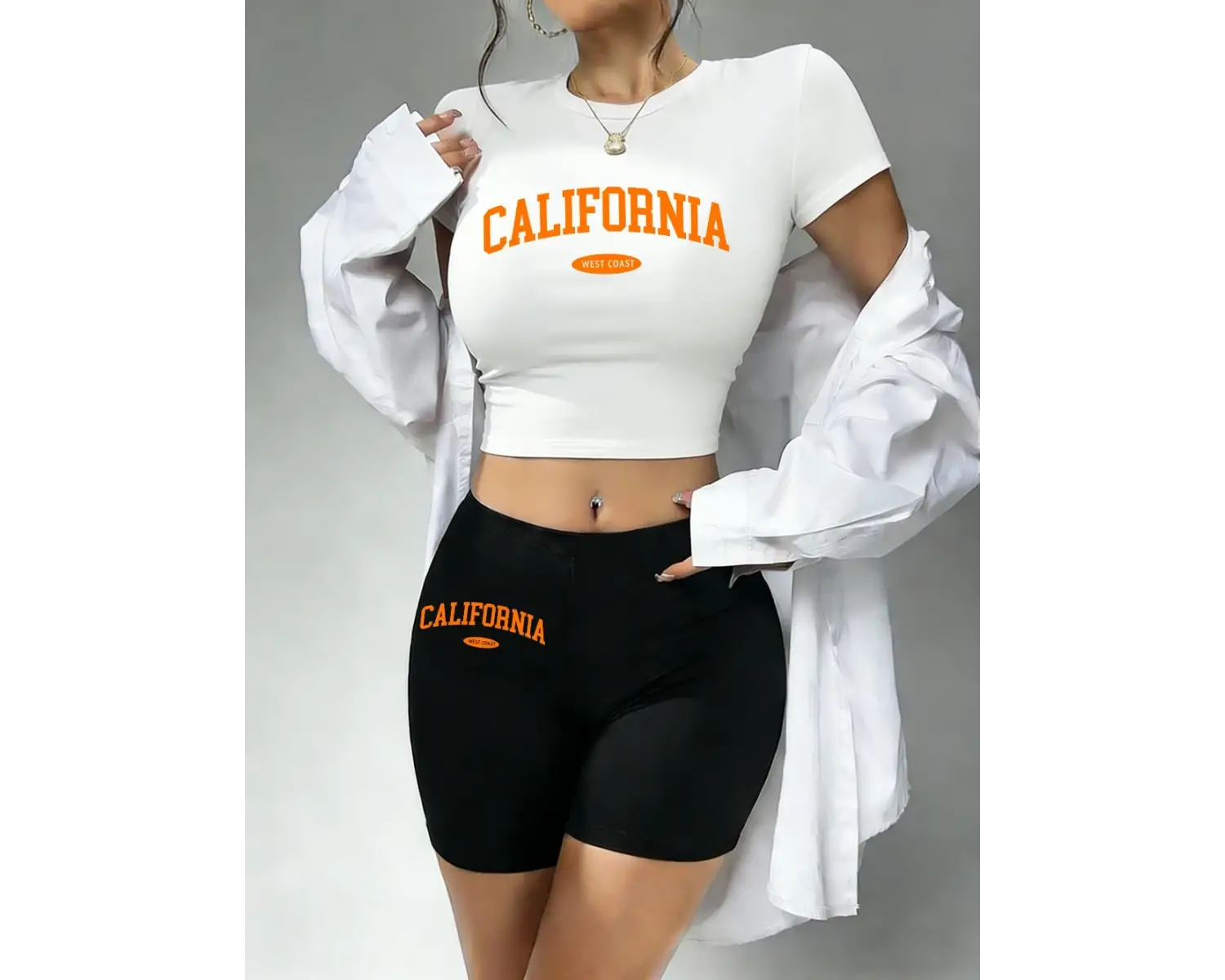 Yazlık Kaliforniya Batı Sahili Baskılı Babby TeeTişört Şort Kadın İki Parçalı Set Üstler Pantolon