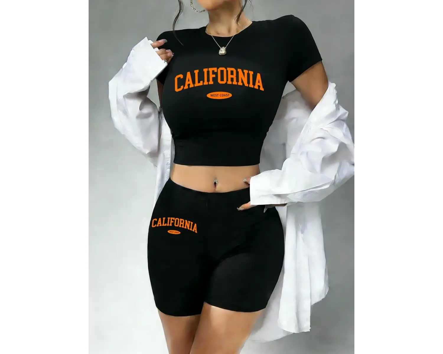 Yazlık Kaliforniya Batı Sahili Baskılı Babby TeeTişört Şort Kadın İki Parçalı Set Üstler Pantolon