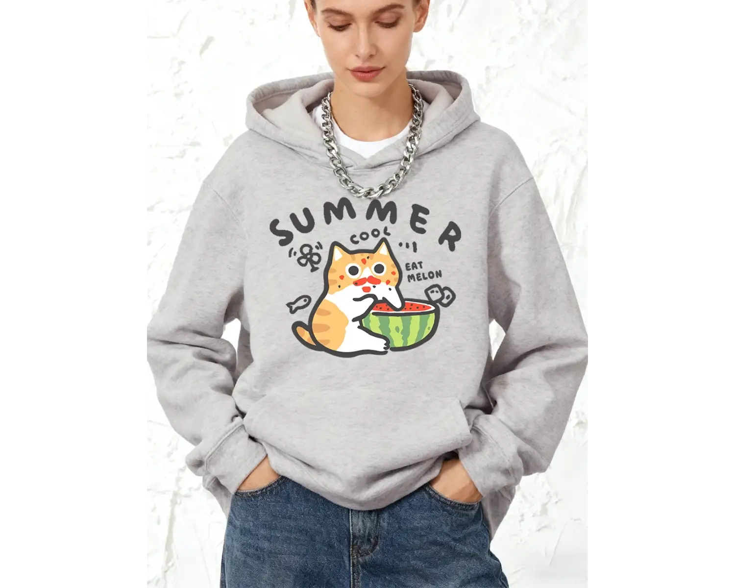 Yazlık Kavun Baskılı Pamuklu Kapüşonlu Kadın Eşofman Cepli Sweatshirt Sportif Bol Kazak Kışlı