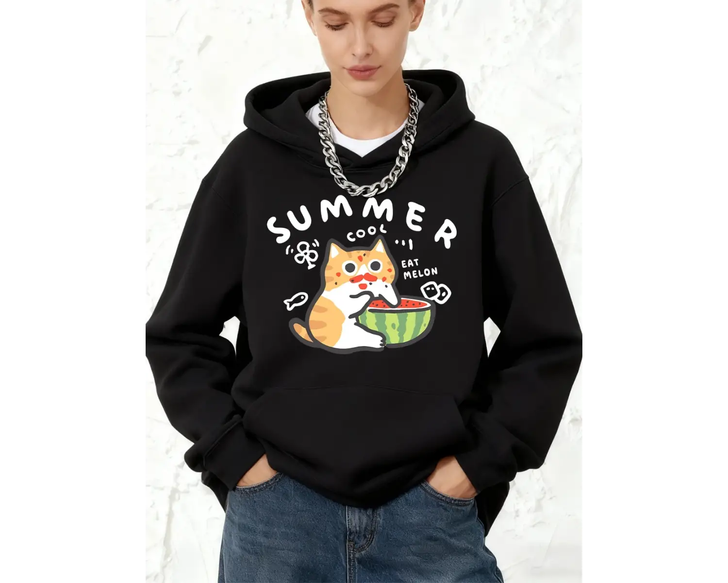 Yazlık Kavun Baskılı Pamuklu Kapüşonlu Kadın Eşofman Cepli Sweatshirt Sportif Bol Kazak Kışlı