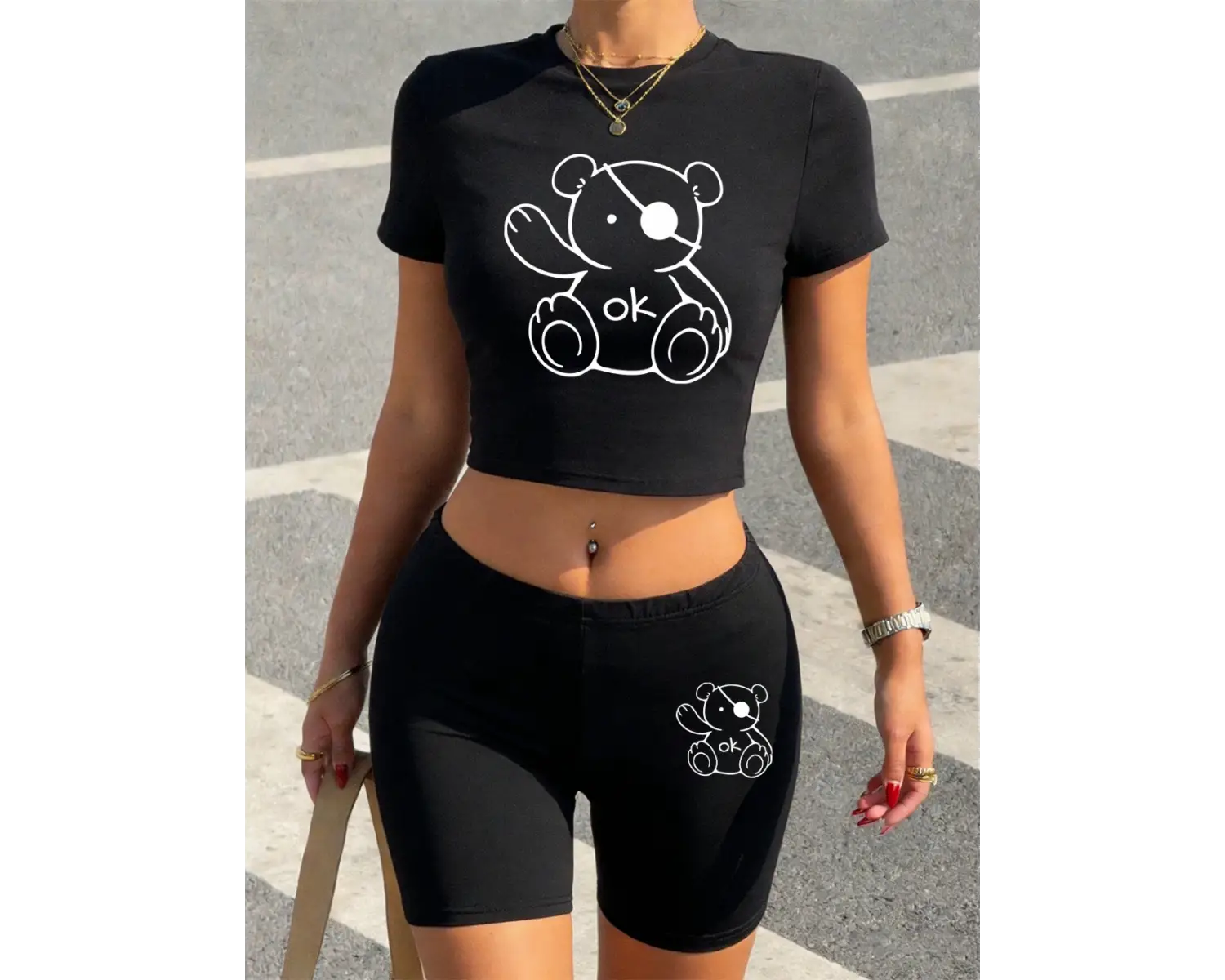 Yazlık Kawaii Ok Teddy Bear Baskılı Babby TeeTişört Şort Kadın Seksi İki Parçalı Takım Üst Pantol