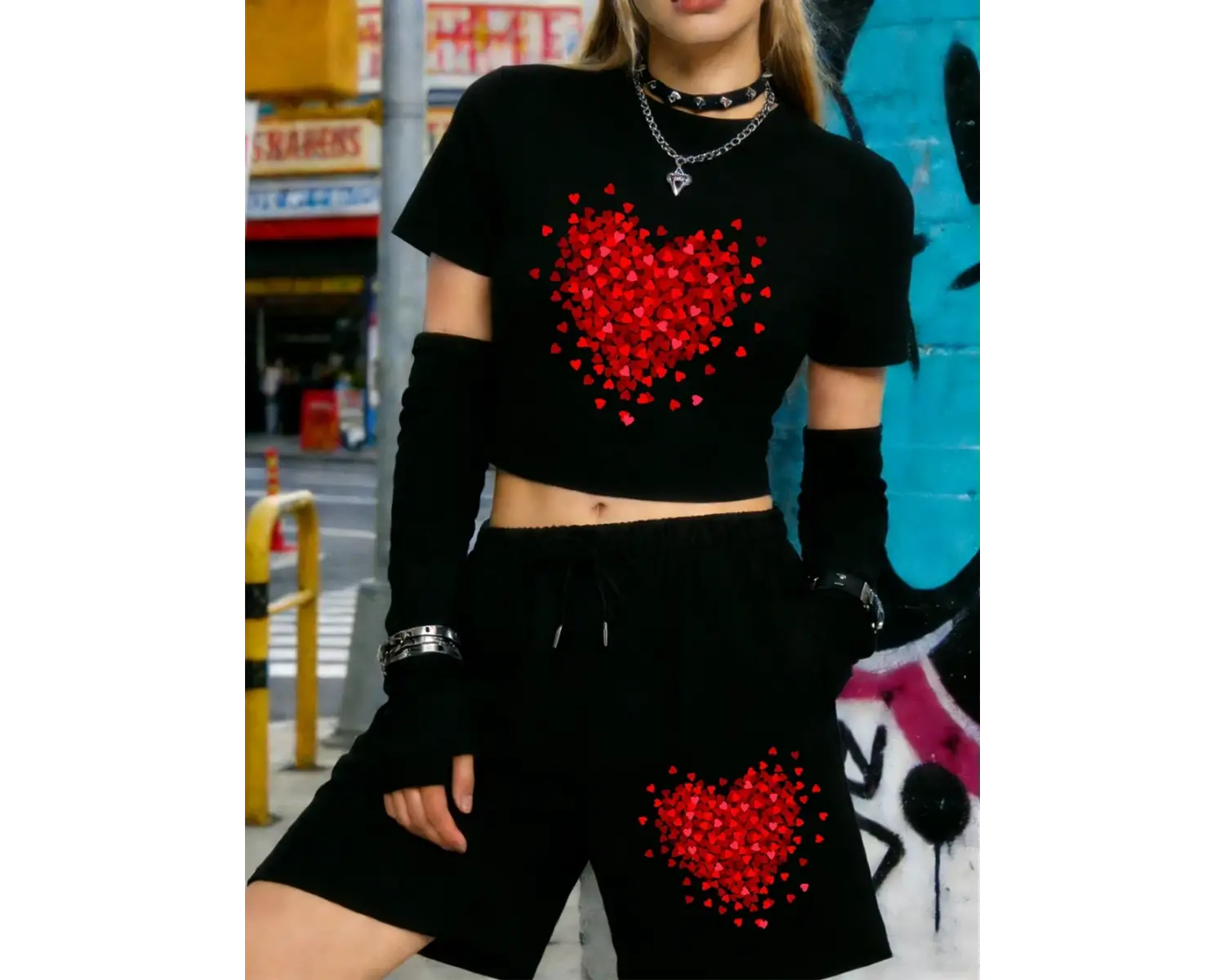 Yazlık Kırmızı Kalp Grafik Baskılı Babby TeeT-Shirt Şort Kadın İki Parçalı Set Diz Boyu Pantolon