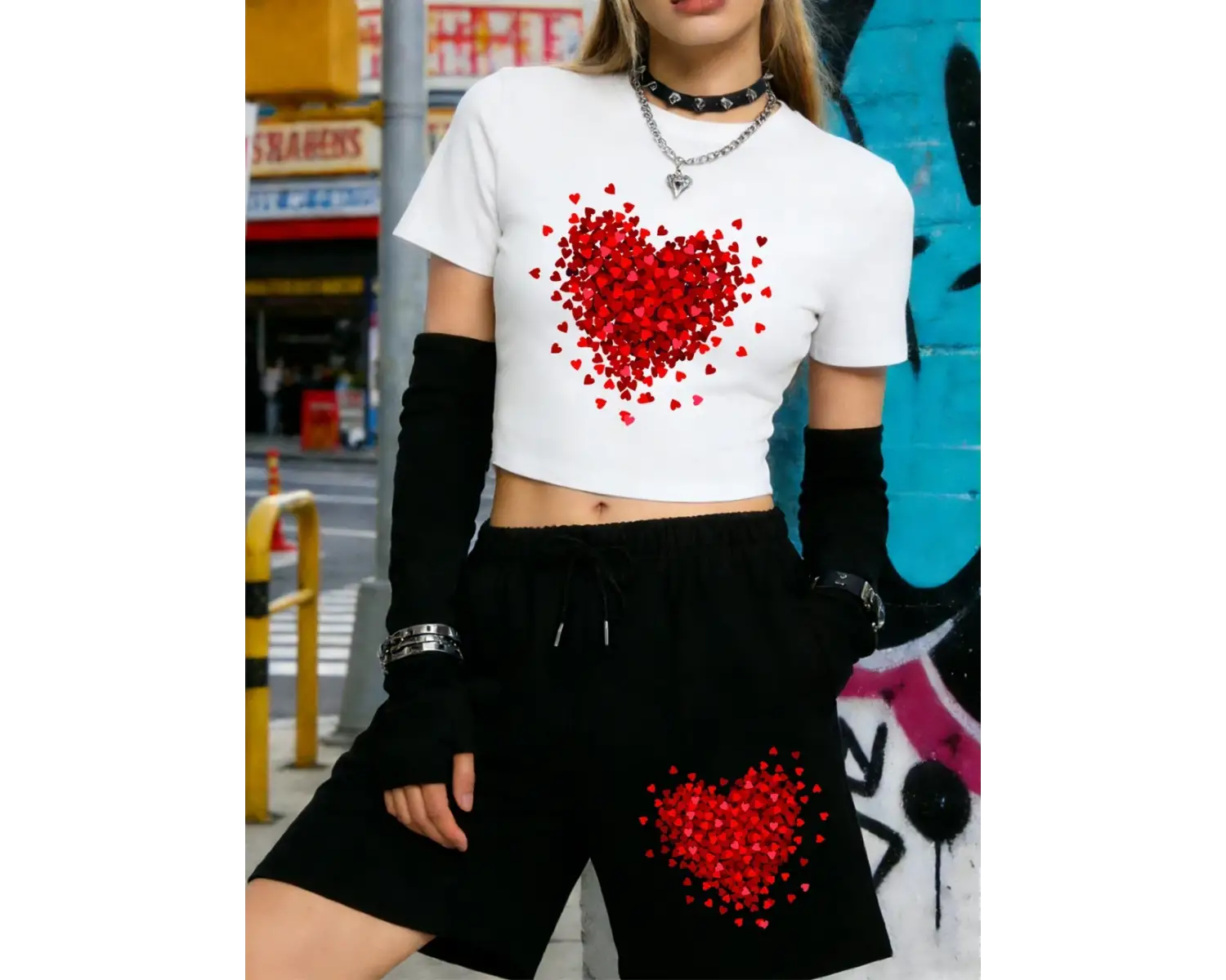 Yazlık Kırmızı Kalp Grafik Baskılı Babby TeeT-Shirt Şort Kadın İki Parçalı Set Diz Boyu Pantolon