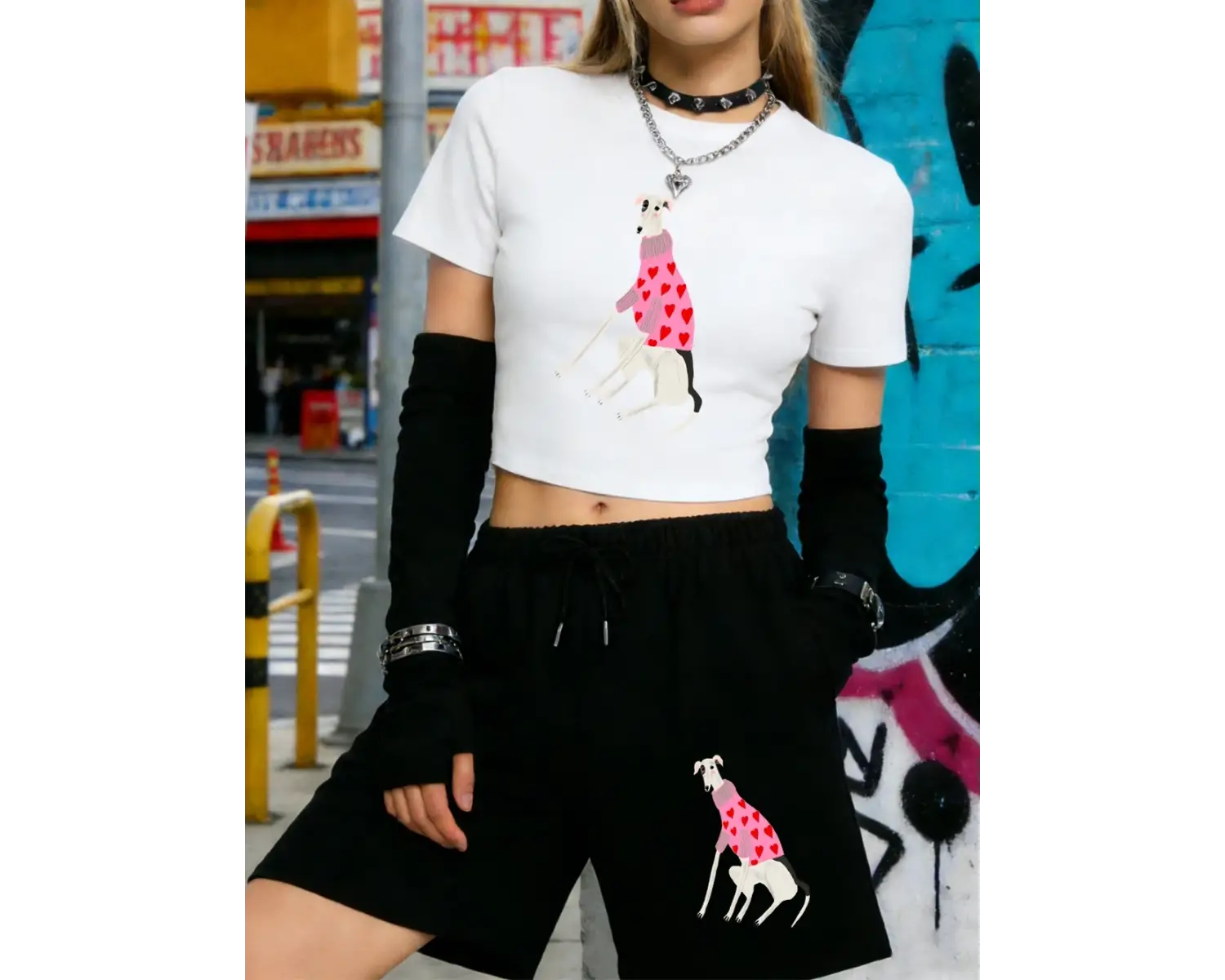 Yazlık Komik Dachshund Köpek Baskılı Babby TeeTişört Şort Kadın Seksi İki Parçalı Set Diz Boyu Pa