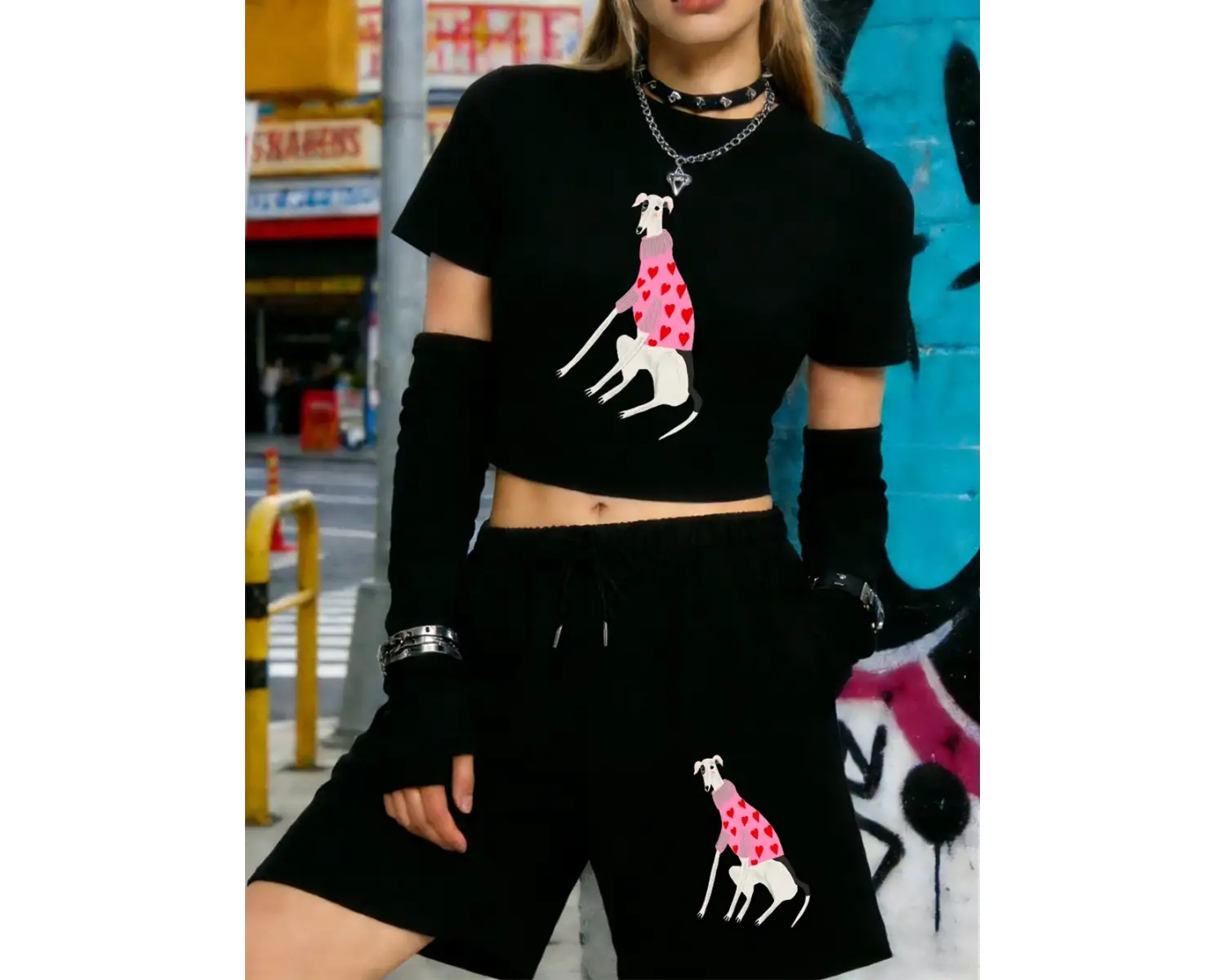 Yazlık Komik Dachshund Köpek Baskılı Babby TeeTişört Şort Kadın Seksi İki Parçalı Set Diz Boyu Pa