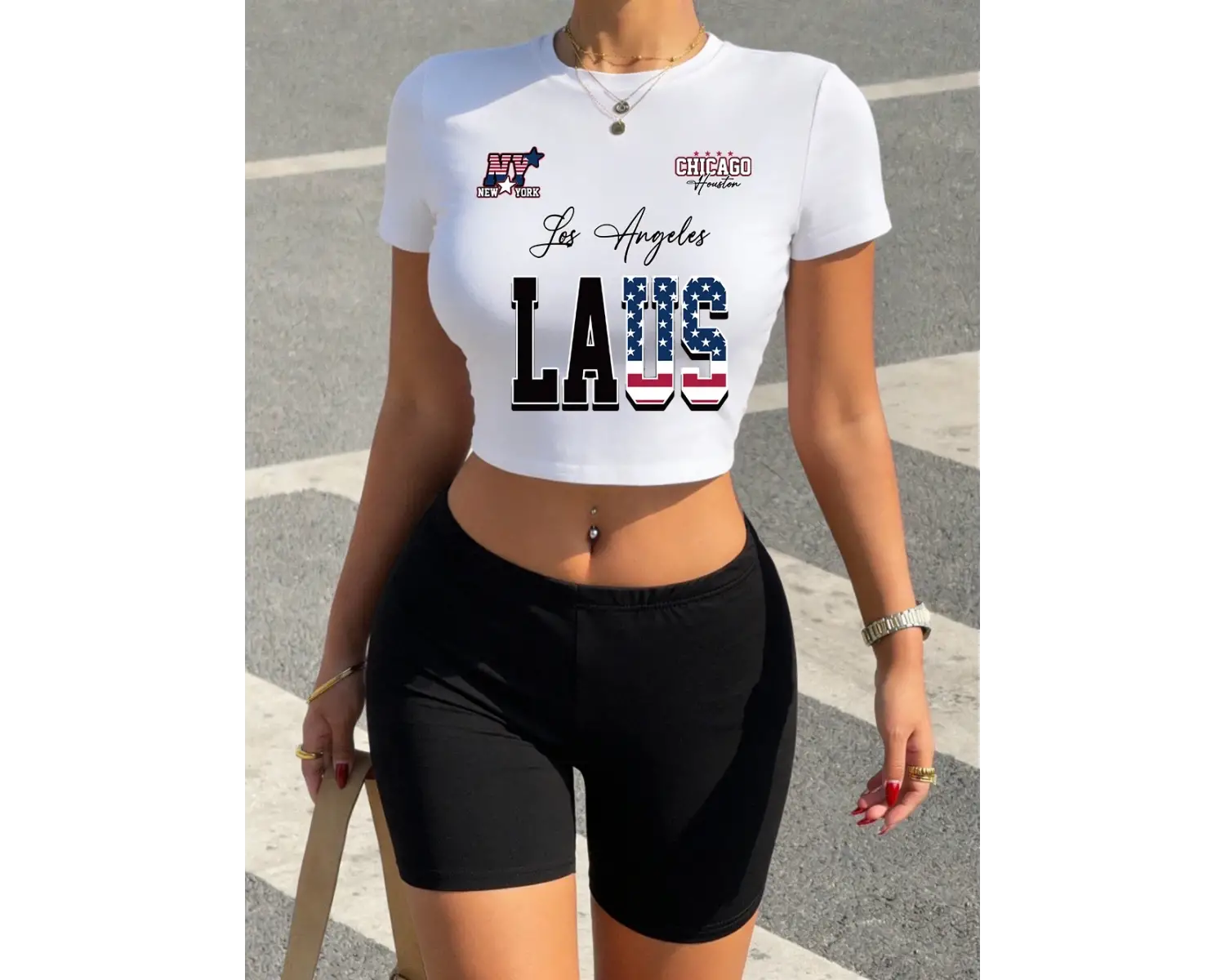 Yazlık Los Angeles ABD Harfli Baskılı Babby Teelar ve Şortlar Kadın İki Parçalı Set Tişörtler