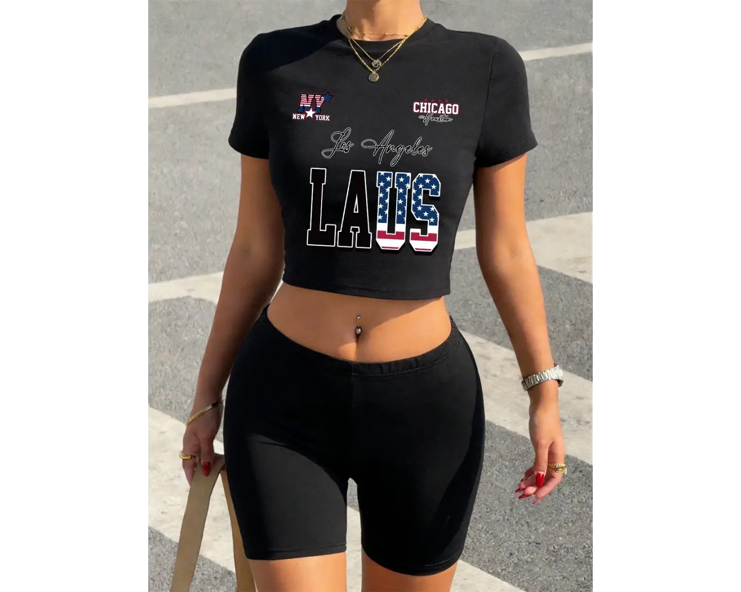 Yazlık Los Angeles ABD Harfli Baskılı Babby Teelar ve Şortlar Kadın İki Parçalı Set Tişörtler