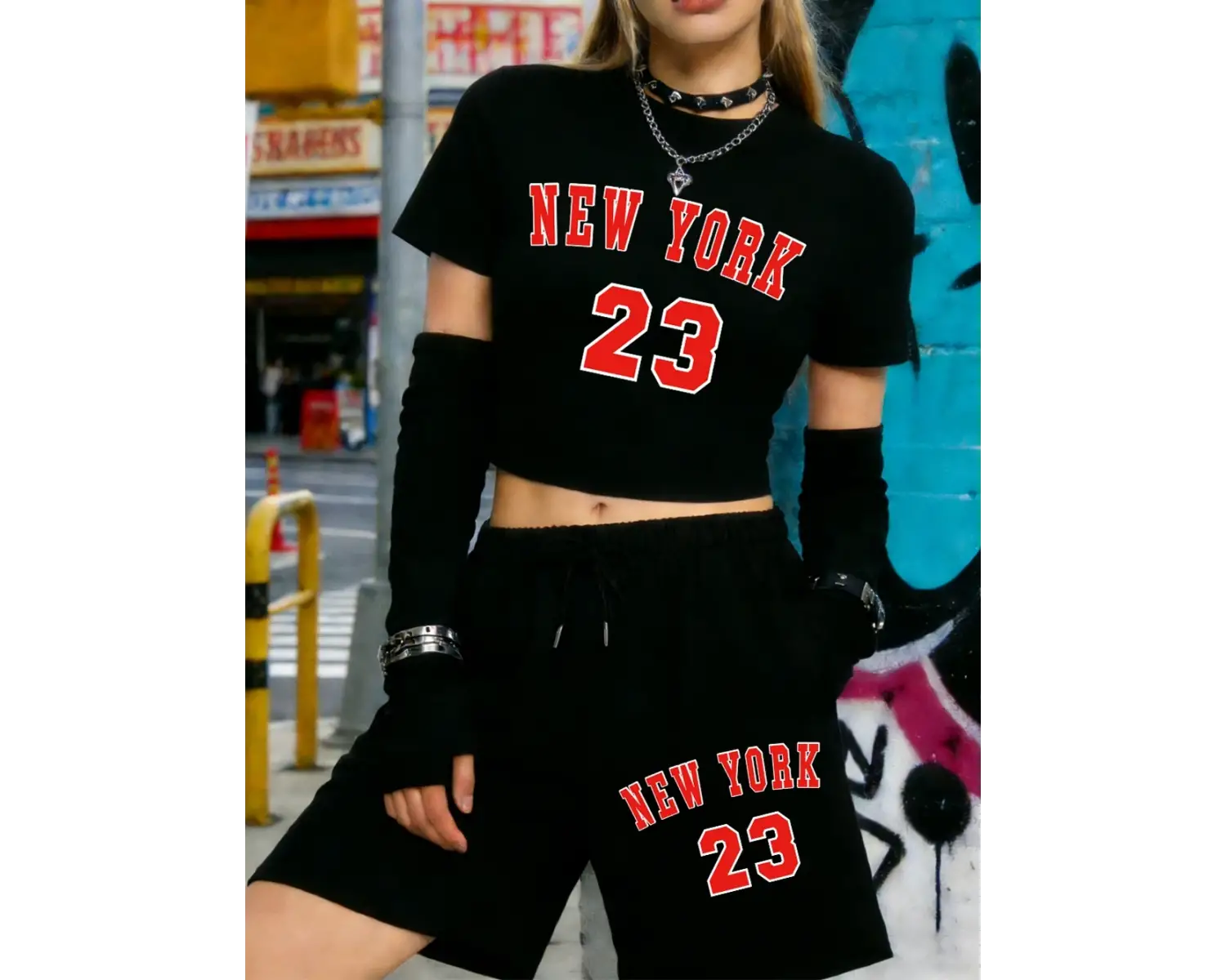 Yazlık New York 23 Harfli Baskılı Babby TeeTişört Şort Kadın İki Parça Takım Diz Boyu Pantolon Da