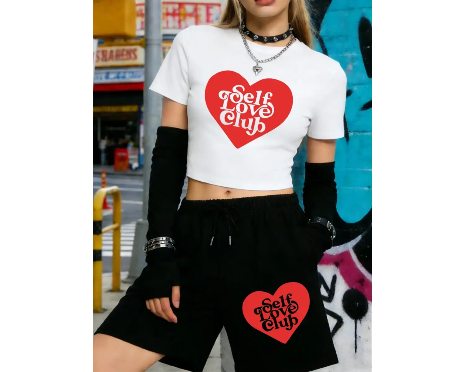 Yazlık Öz Sevgi Kulübü Kalp Baskılı Babby Teelar Şortlar Kadın İki Parçalı Set Beş Cepli Panto