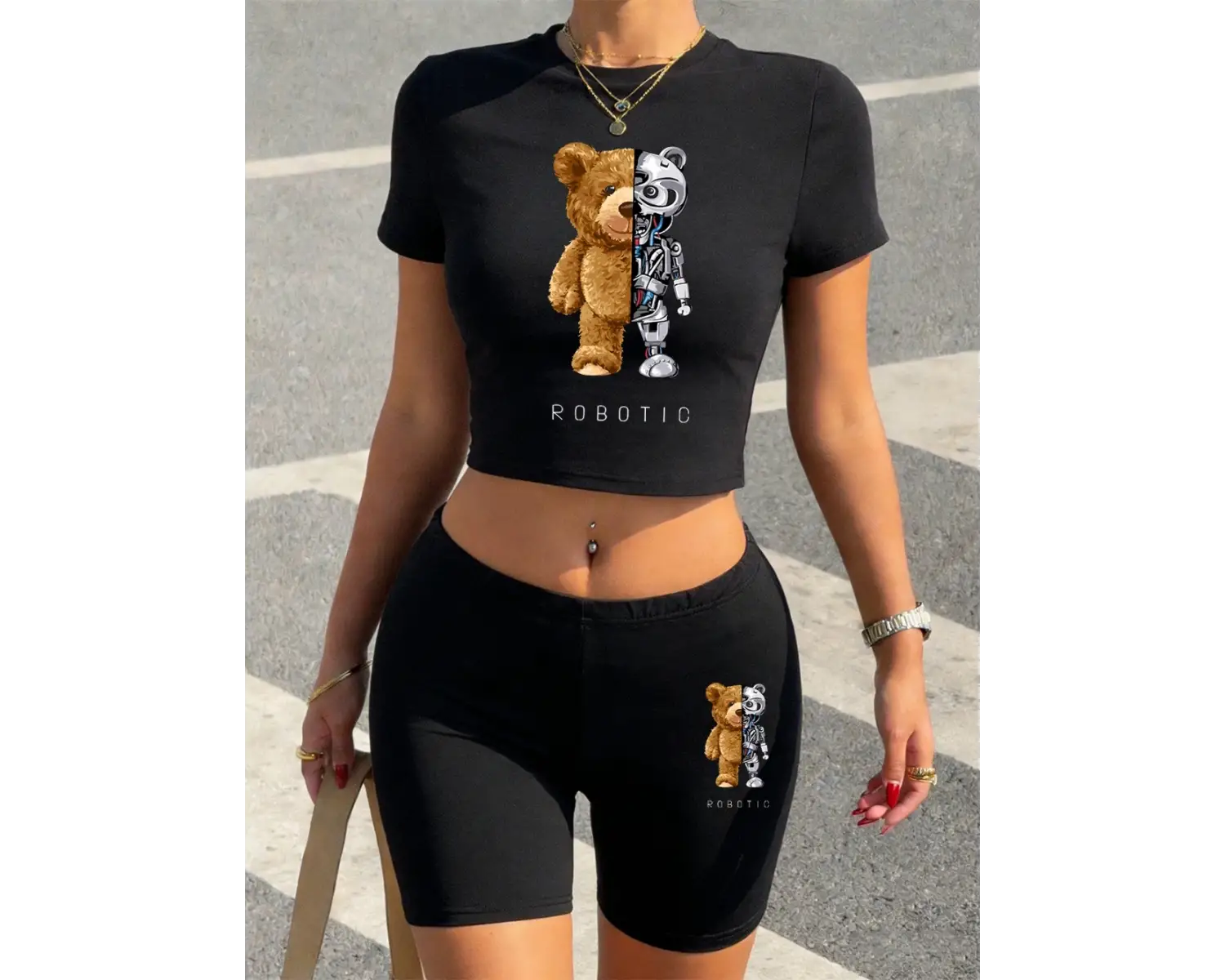 Yazlık Peluş ve Robotik Ayı Baskılı Babby Teelar Şortlar Kadın İki Parçalı Set Tişörtler Panto