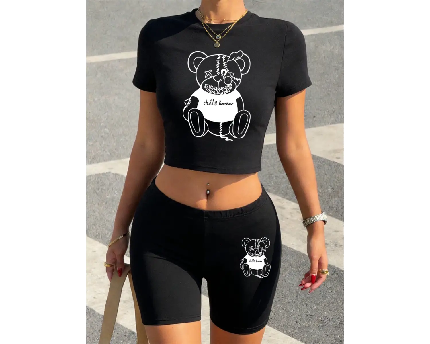 Yazlık Pembe Oyuncak Ayı Baskılı Babby TeeTişört ve Şort Kadın Seksi İki Parçalı Takım Üst Pantol