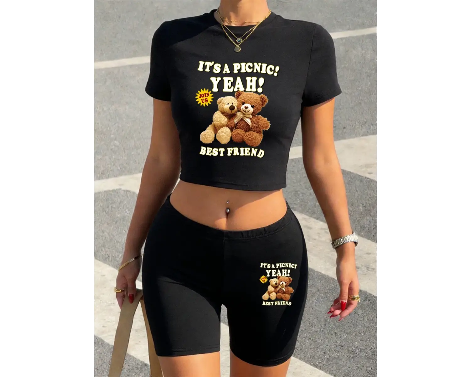 Yazlık Sevimli Ayı Karikatür Baskılı Babby Teelar Şortlar Kadın Seksi İki Parçalı Set Tişört P