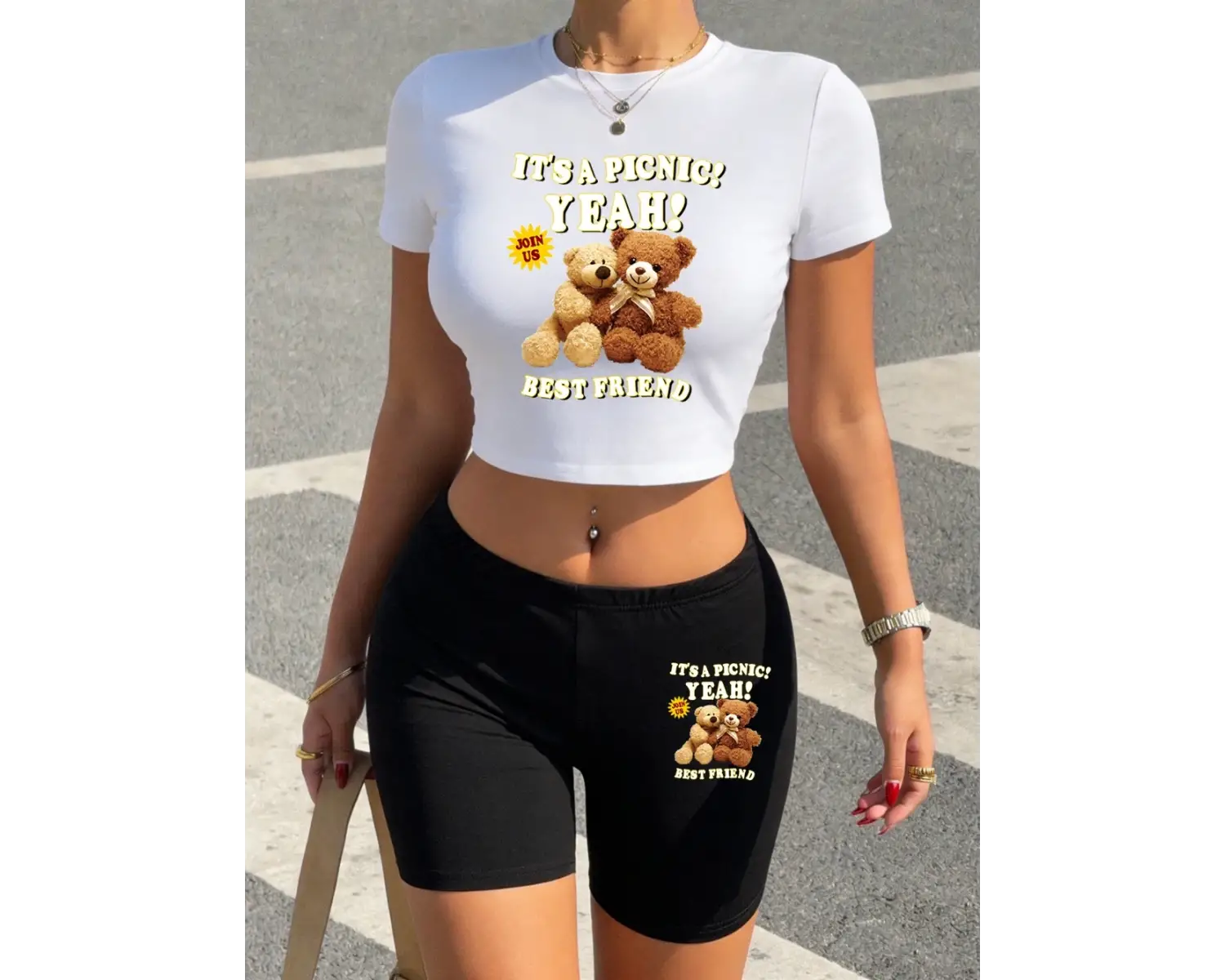 Yazlık Sevimli Ayı Karikatür Baskılı Babby Teelar Şortlar Kadın Seksi İki Parçalı Set Tişört P