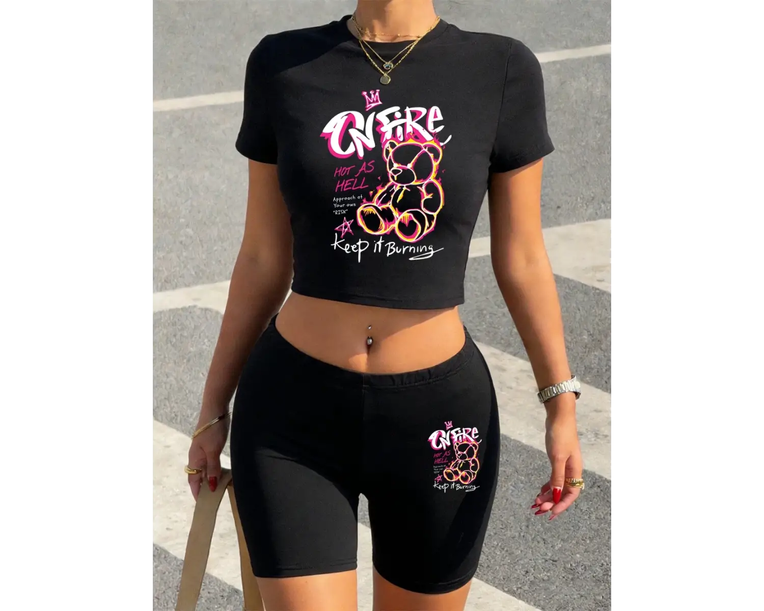 Yazlık Sıcak Kabuklu Karikatür Ayı Baskılı Babby TeeTişört Şort Kadın İki Parçalı Takım Üst Panto