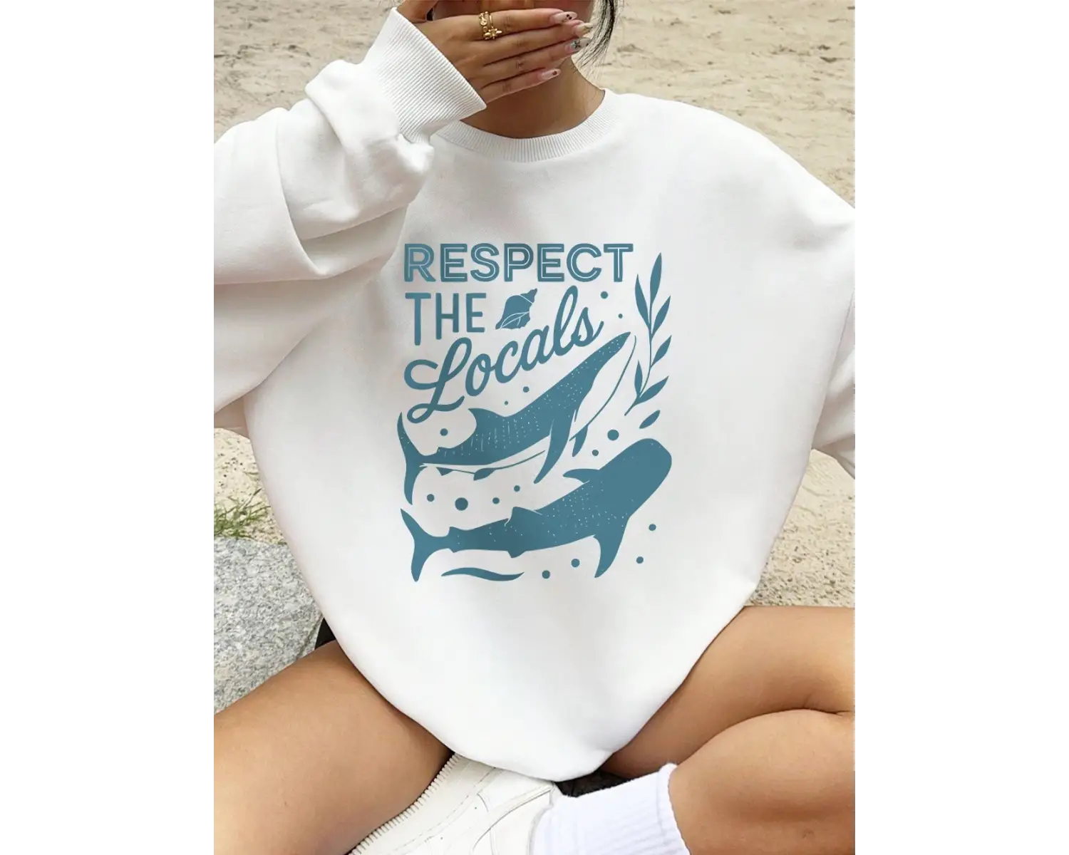 Yerlileri koruyun balina baskılar tişörtü kadın kış polar sıcak Hoodies Crewneck gevşek kazak