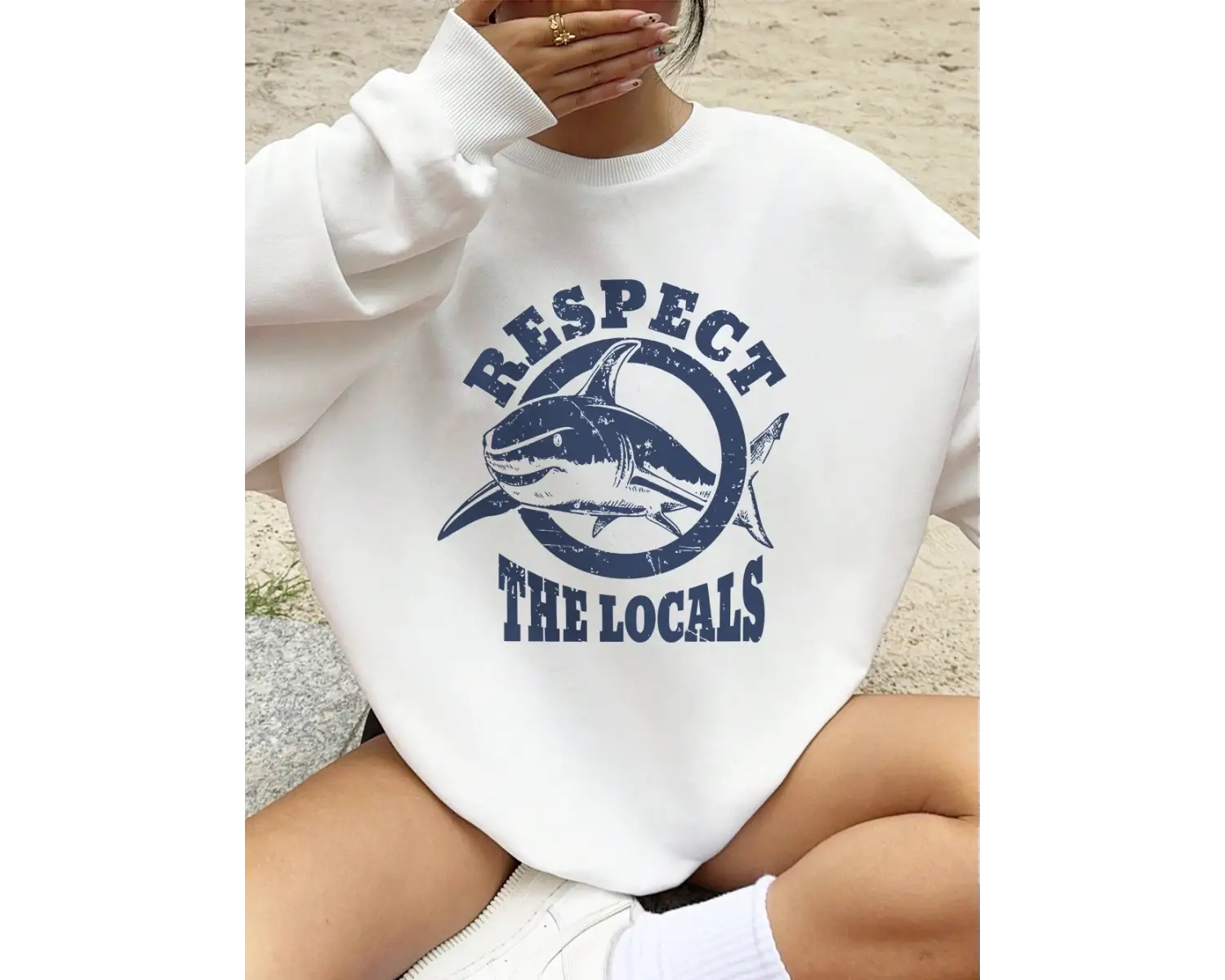 Yerlileri koruyun köpekbalığı baskılar kazak kadın kış polar sıcak Hoodies Crewneck gevşek üs