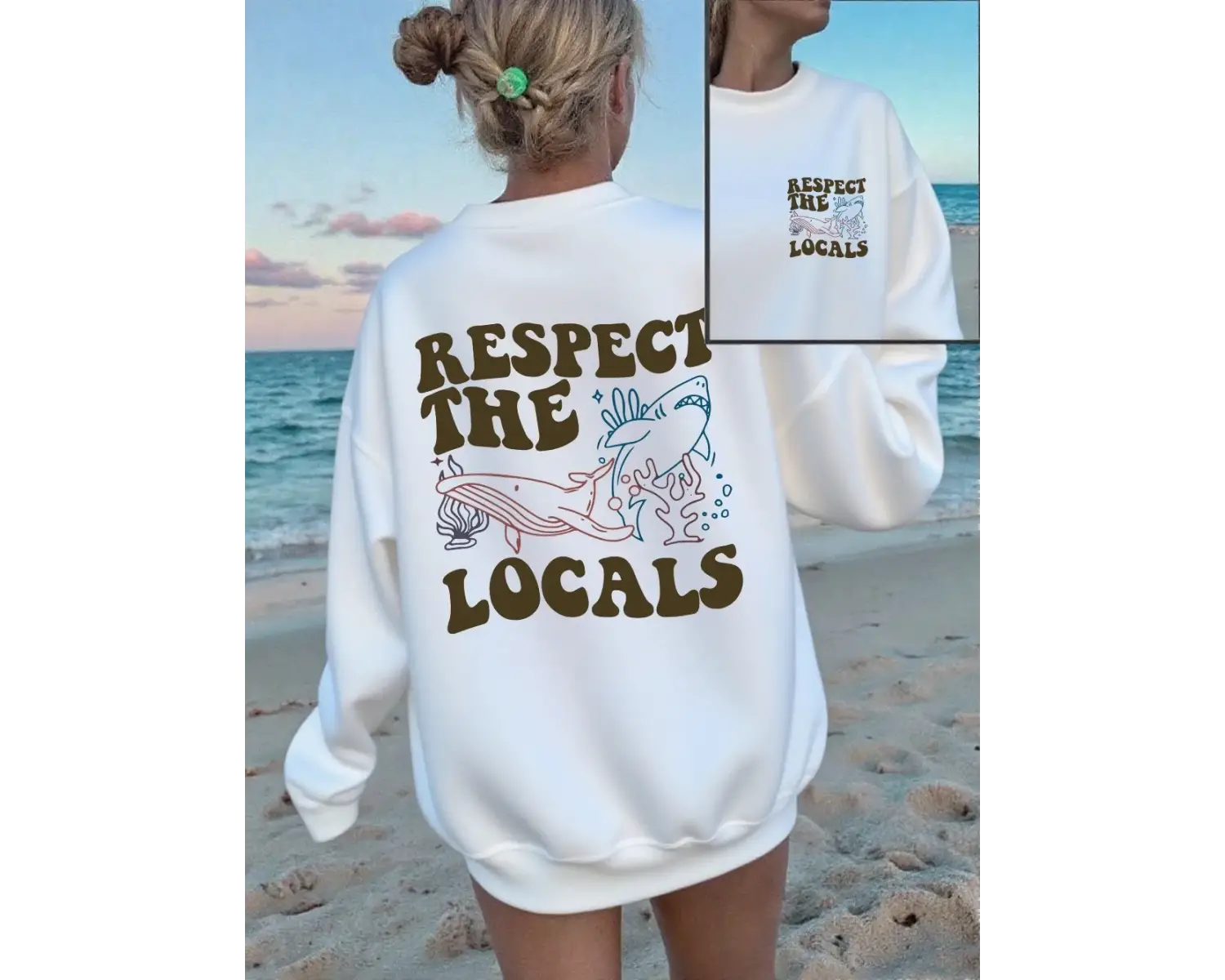 Yerlileri Saygıye Alın Köpekbalığı Baskılı Sweatshirtler Kadınlar İçin Yumuşak Polar Sıcak Ka