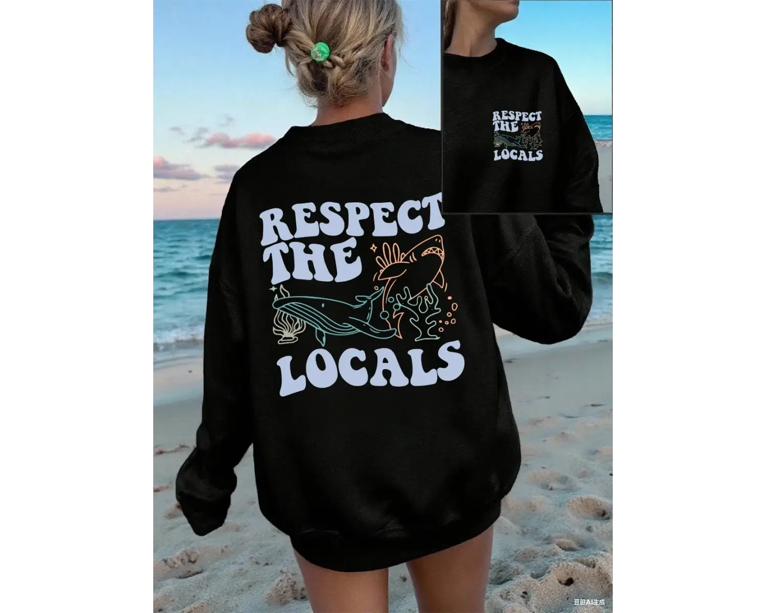 Yerlileri Saygıye Alın Köpekbalığı Baskılı Sweatshirtler Kadınlar İçin Yumuşak Polar Sıcak Ka