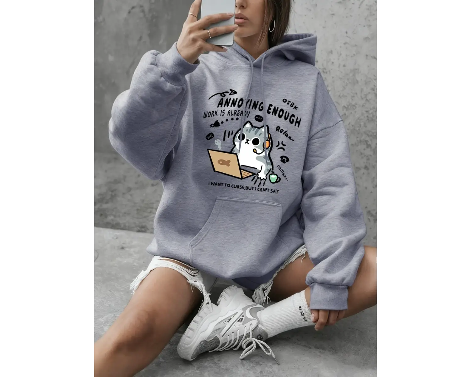 Yeterince sinir bozucu kedi baskılar kapüşonlular kadınlar rahat gevşek tişörtü kış polar sıc