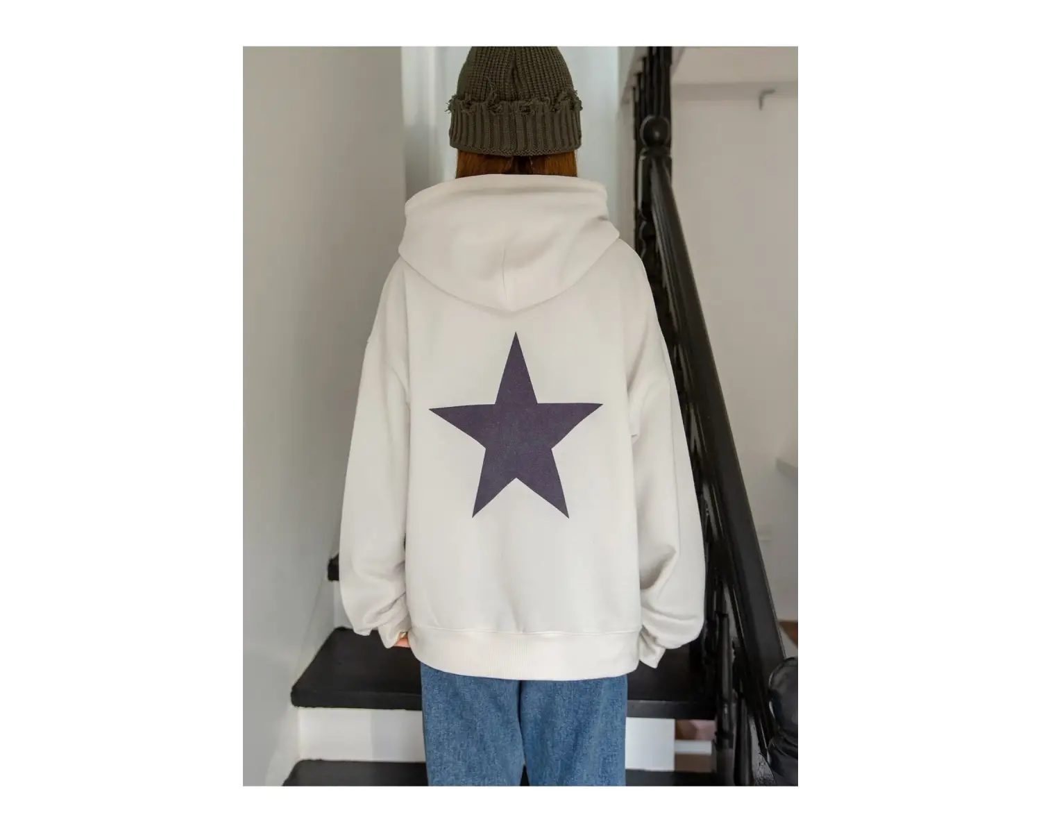Yıldız Baskılı Damla Omuzlu Kapüşonlu Üst Bej