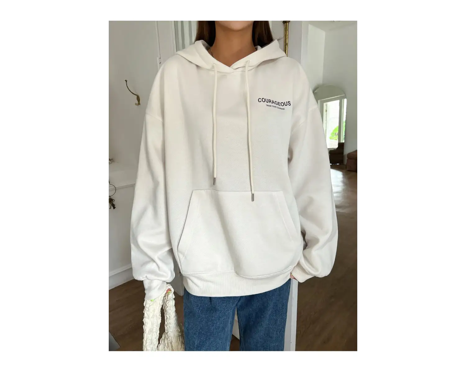 Yıldız Baskılı Damla Omuzlu Kapüşonlu Üst Bej