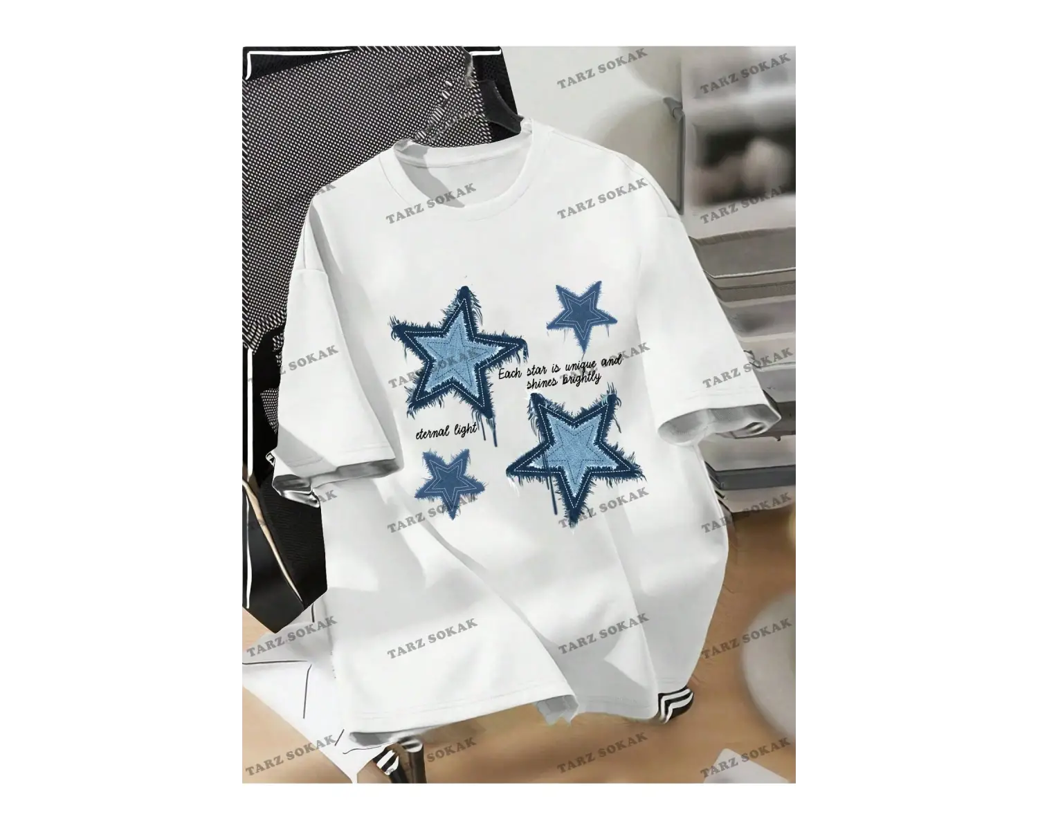 Yıldız Baskılı Oversize Kalıp Unisex T-shirt