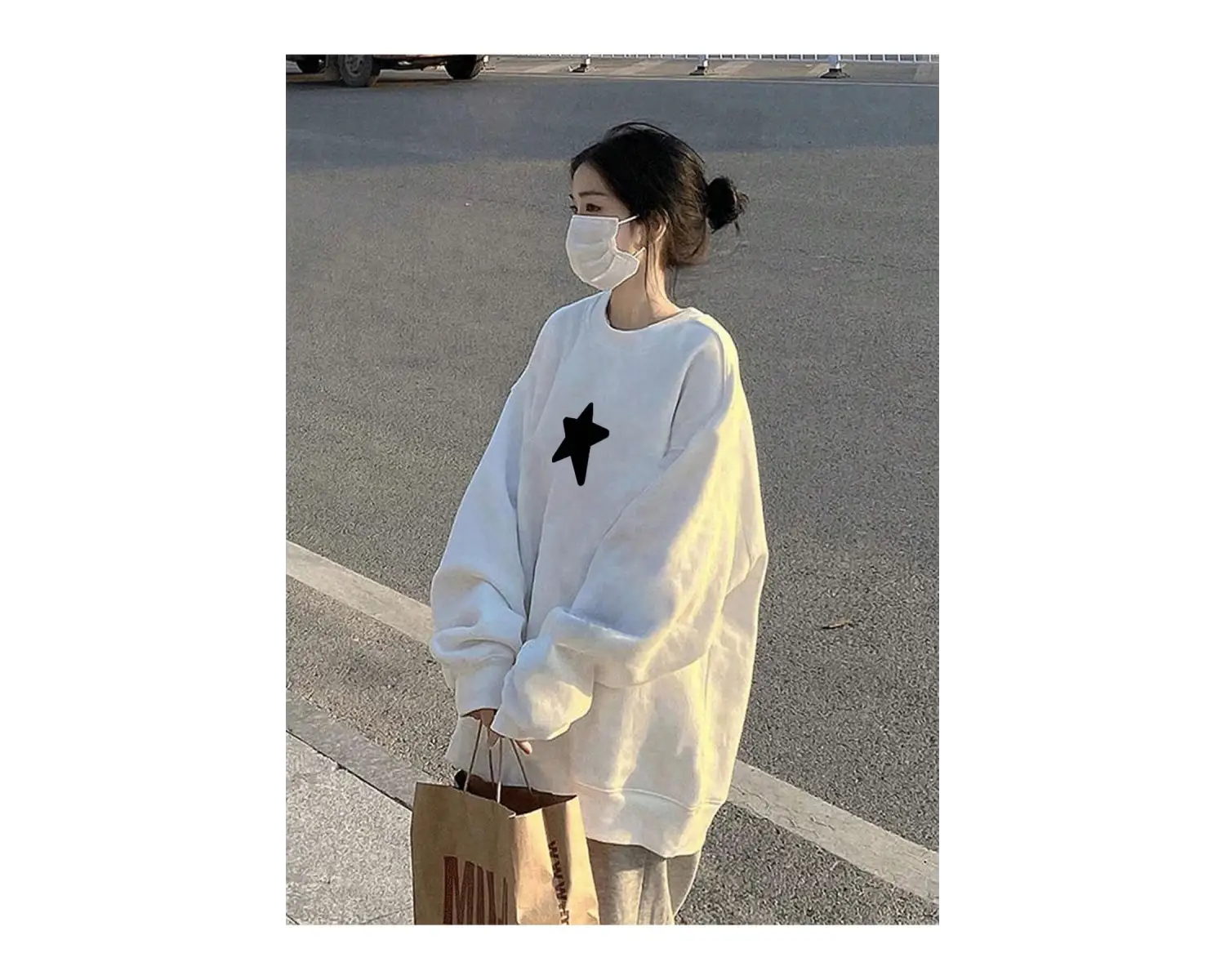 Yıldız Desenli Düşük Sweat Beyaz