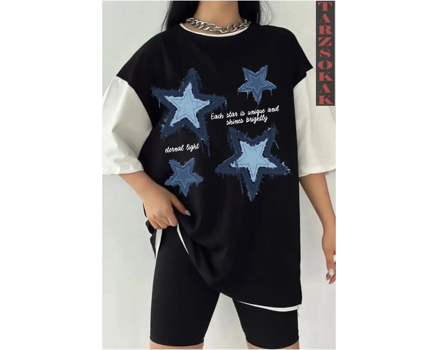 YILDIZ DESENLİ Siyah Oversize Çift Renk