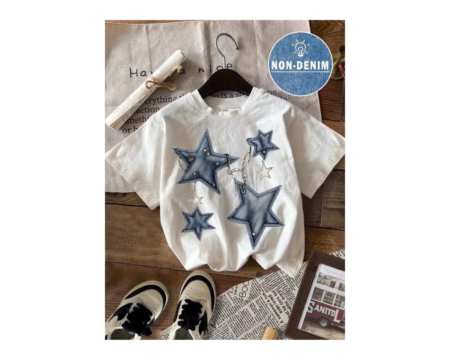 Yıldız Grafikli Yuvarlak Yaka Kısa Kollu Tişört