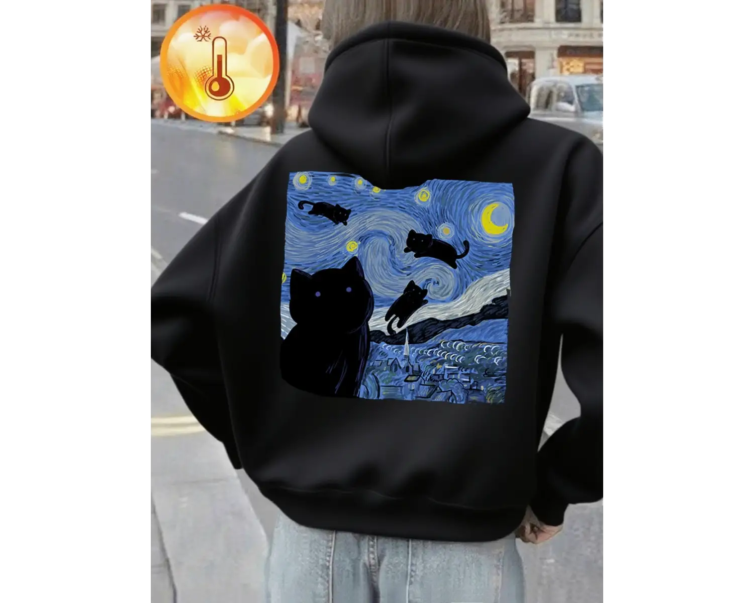 Yıldızlı Kedi Gece Baskı Kapüşonlular Kadın Rahat Yumuşak Kazak Sokak Gevşek Kazak Kış Polar