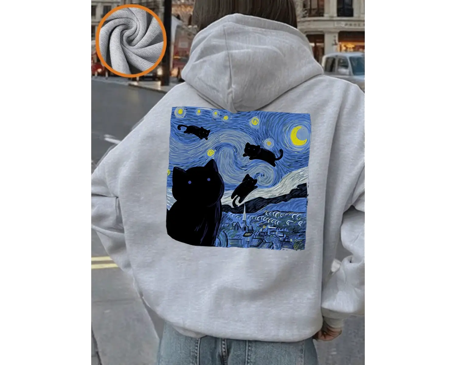 Yıldızlı Kedi Gece Baskı Kapüşonlular Kadın Rahat Yumuşak Kazak Sokak Gevşek Kazak Kış Polar