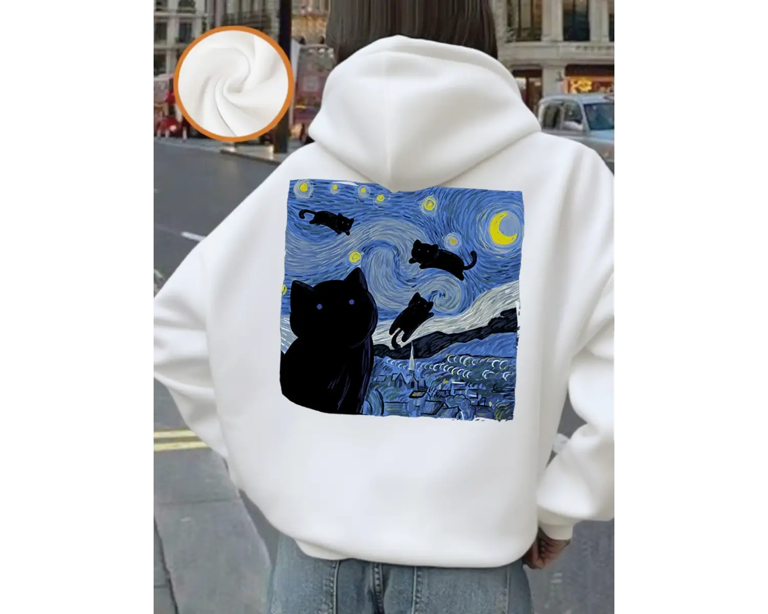 Yıldızlı Kedi Gece Baskı Kapüşonlular Kadın Rahat Yumuşak Kazak Sokak Gevşek Kazak Kış Polar